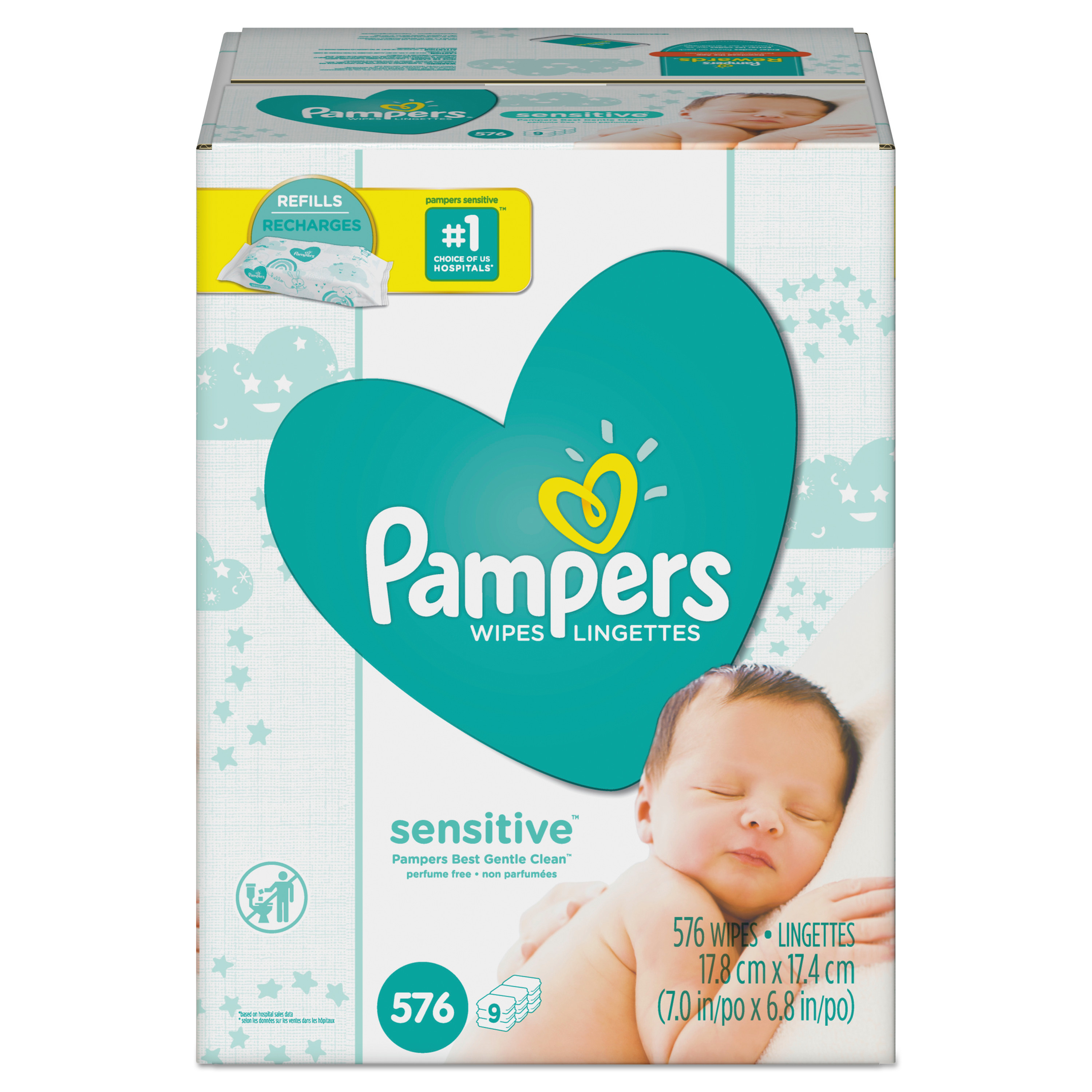  Pampers 88529 Sensitive Baby Wipes, White, Cotton, Unscented, 64/Pack, 9 Pack/Carton (PGC88529CT) 