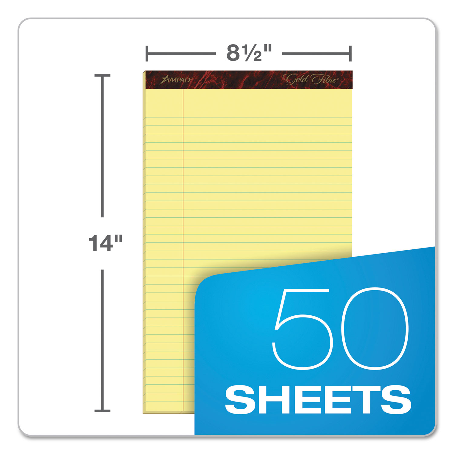 Gold Fibre Writing Pads, Wide/Legal Rule, 8.5 x 14, Canary, 50 Sheets, Dozen