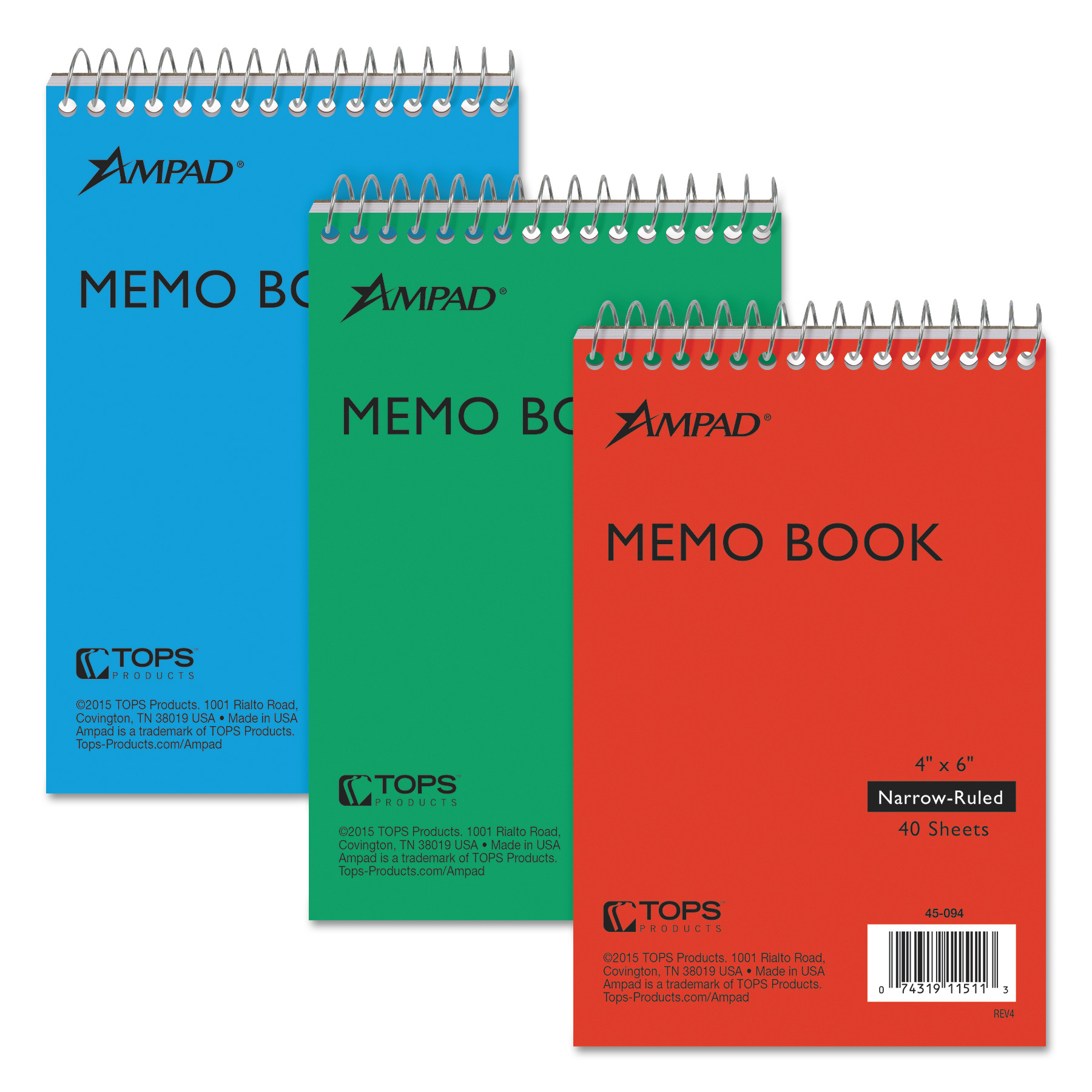  Ampad 45-094 Memo Books, Narrow Rule, 6 x 4, White, 40 Sheets, 3/Pack (TOP45094) 