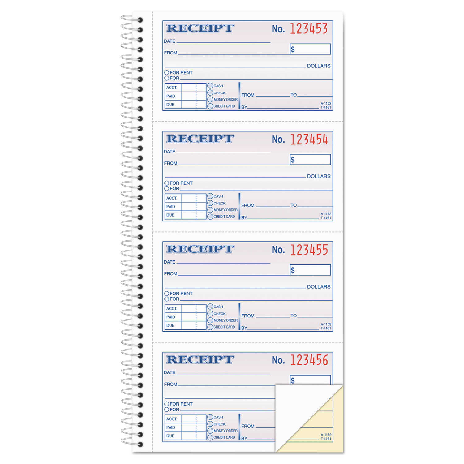 Adams Money and Rent Receipt Book 4 Receipts per Page 5-1/4 x 11 SC1152 - Cases of 2 2-Part Carbonless 200 Sets per Book Spiral Bound 