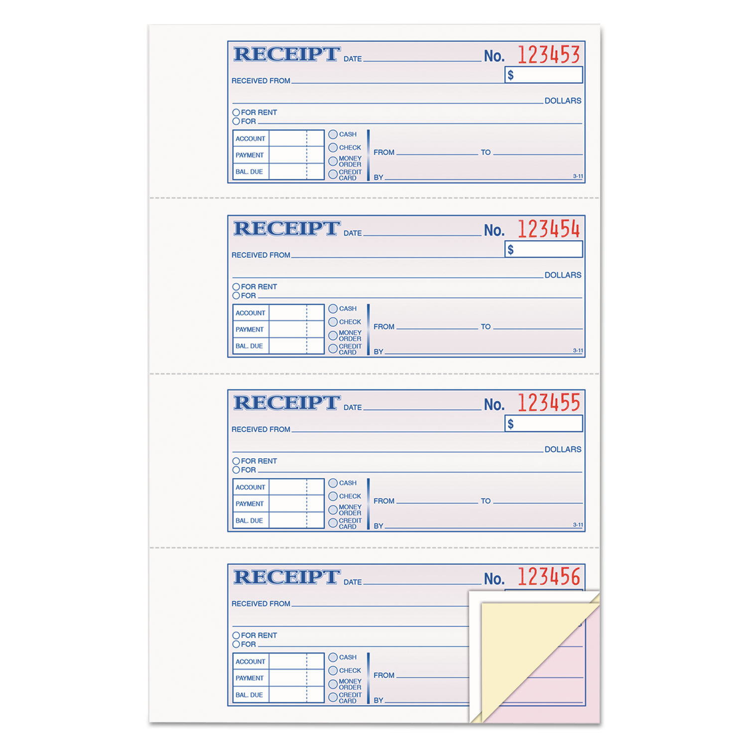 Receipt Book, 7 5/8 x 11, Three-Part Carbonless, 100 Forms