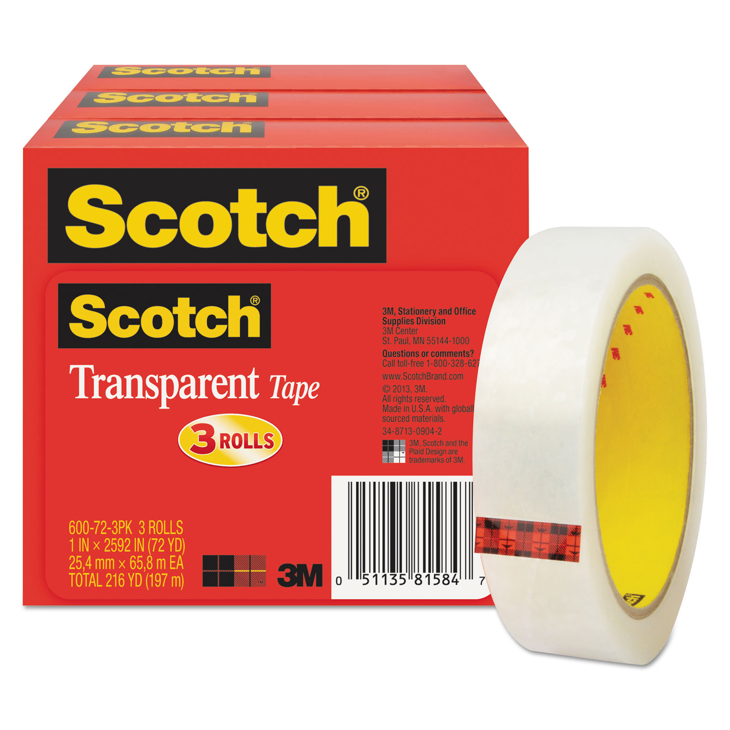 Scotch 600-72-3PK Transparent Tape, 3 Core, 1 x 72 yds, Transparent, 3/Pack (MMM600723PK) 