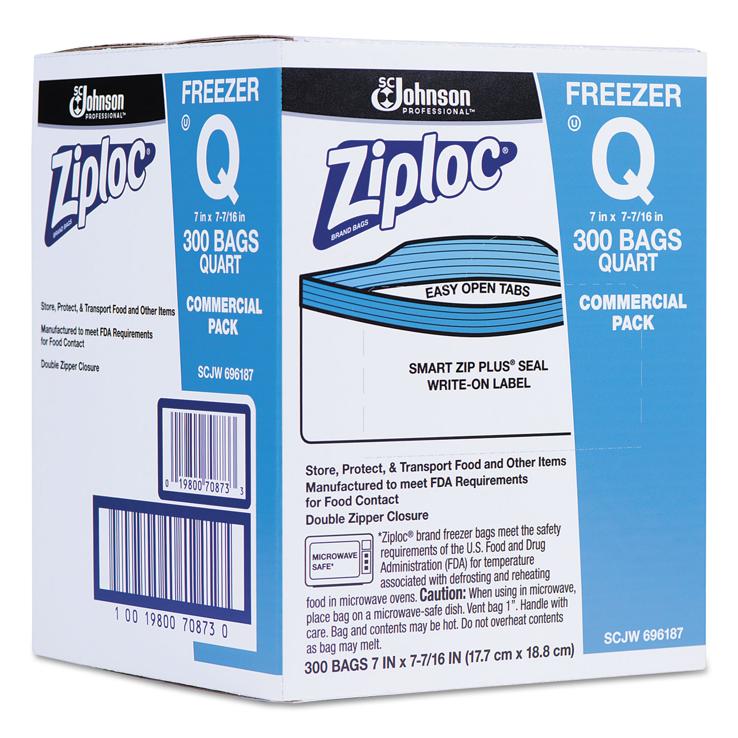  Ziploc 696187 Double Zipper Freezer Bags, 1 qt, 2.7 mil, 7 x 7.75, Clear, 300/Carton (SJN696187) 