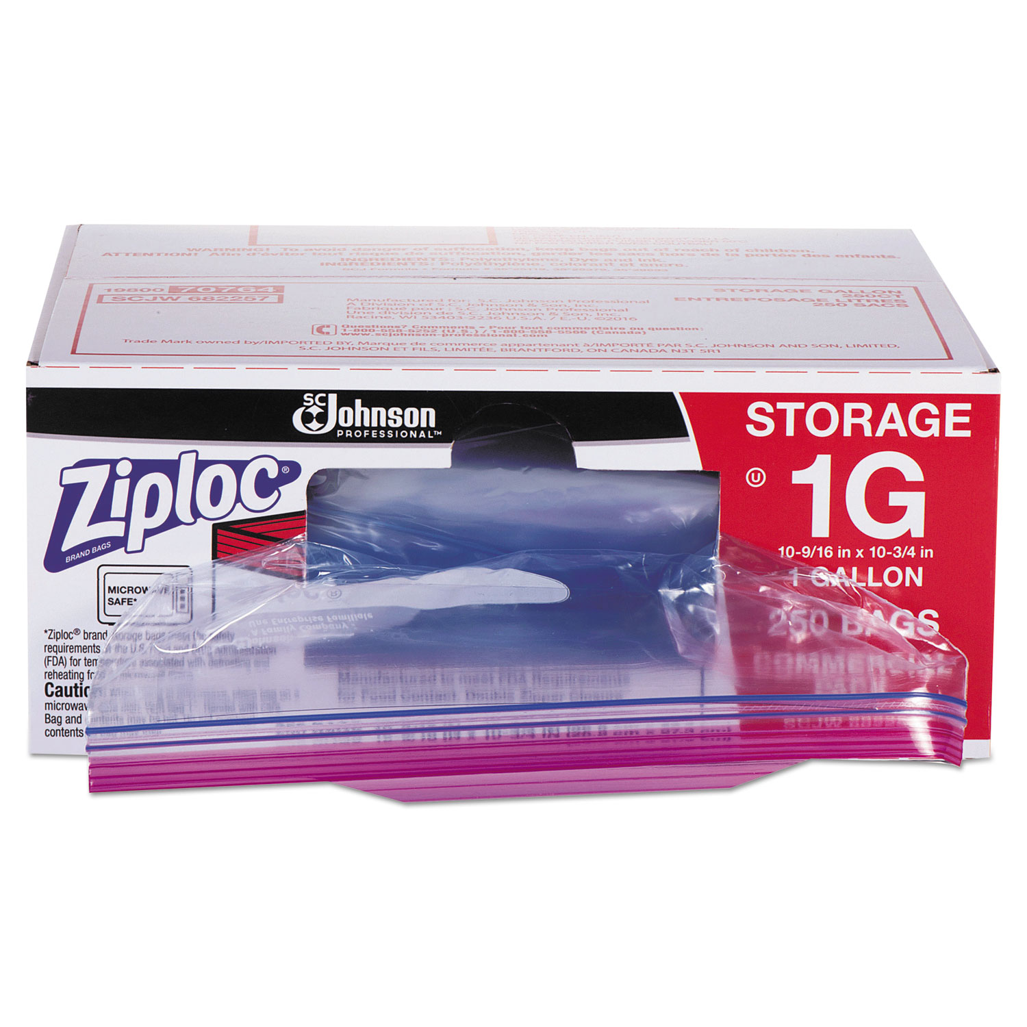  Ziploc 682257 Double Zipper Storage Bags, 1 gal, 1.75 mil, 10.56 x 10.75, Clear, 250/Box (SJN682257) 