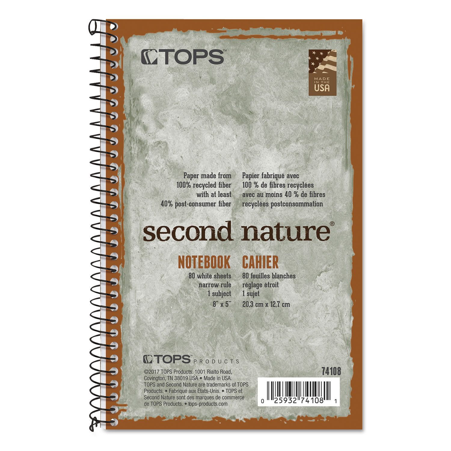  TOPS 74108 Second Nature Single Subject Wirebound Notebooks, 1 Subject, Narrow Rule, Green Cover, 8 x 5, 80 Sheets (TOP74108) 