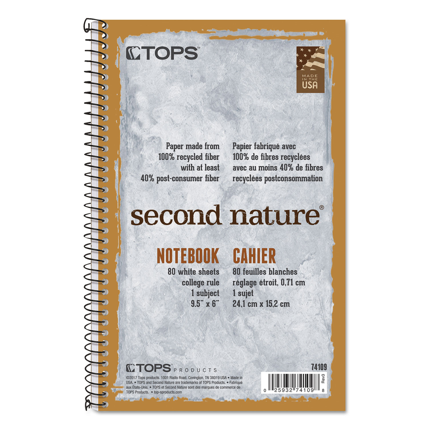  TOPS 74109 Second Nature Single Subject Wirebound Notebooks, 1 Subject, Medium/College Rule, Light Blue Cover, 9.5 x 6, 80 Sheets (TOP74109) 