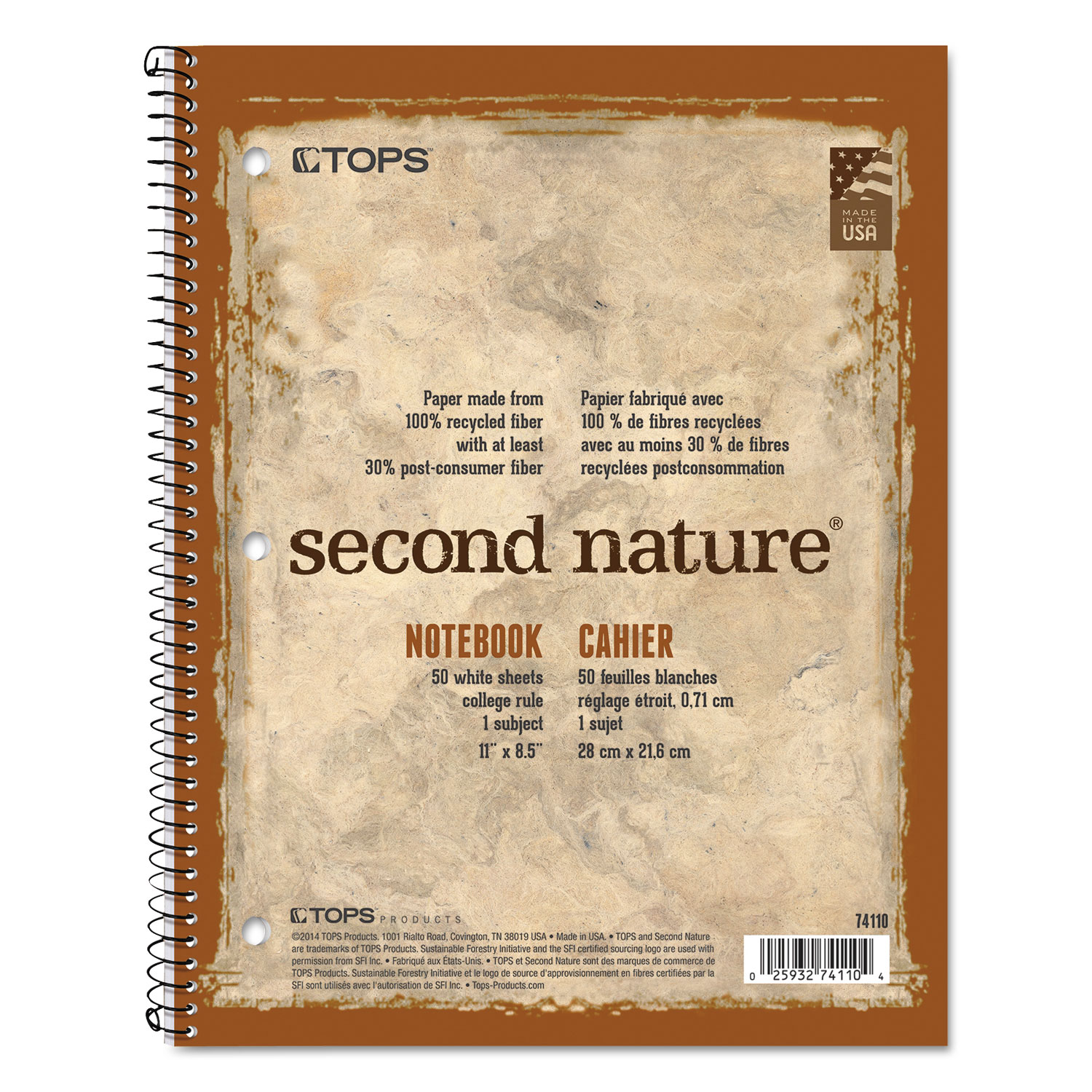  TOPS 74110 Second Nature Single Subject Wirebound Notebooks, 1 Subject, Medium/College Rule, Tan/Brown Cover, 11 x 8.5, 50 Sheets (TOP74110) 