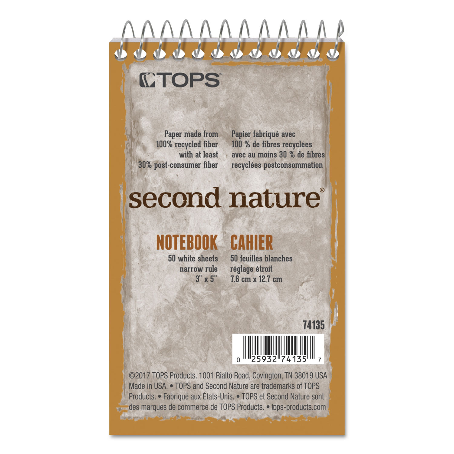  TOPS 74135 Second Nature Single Subject Wirebound Notebooks, 1 Subject, Narrow Rule, Randomly Assorted Color Covers, 3 x 5, 50 Sheets (TOP74135) 