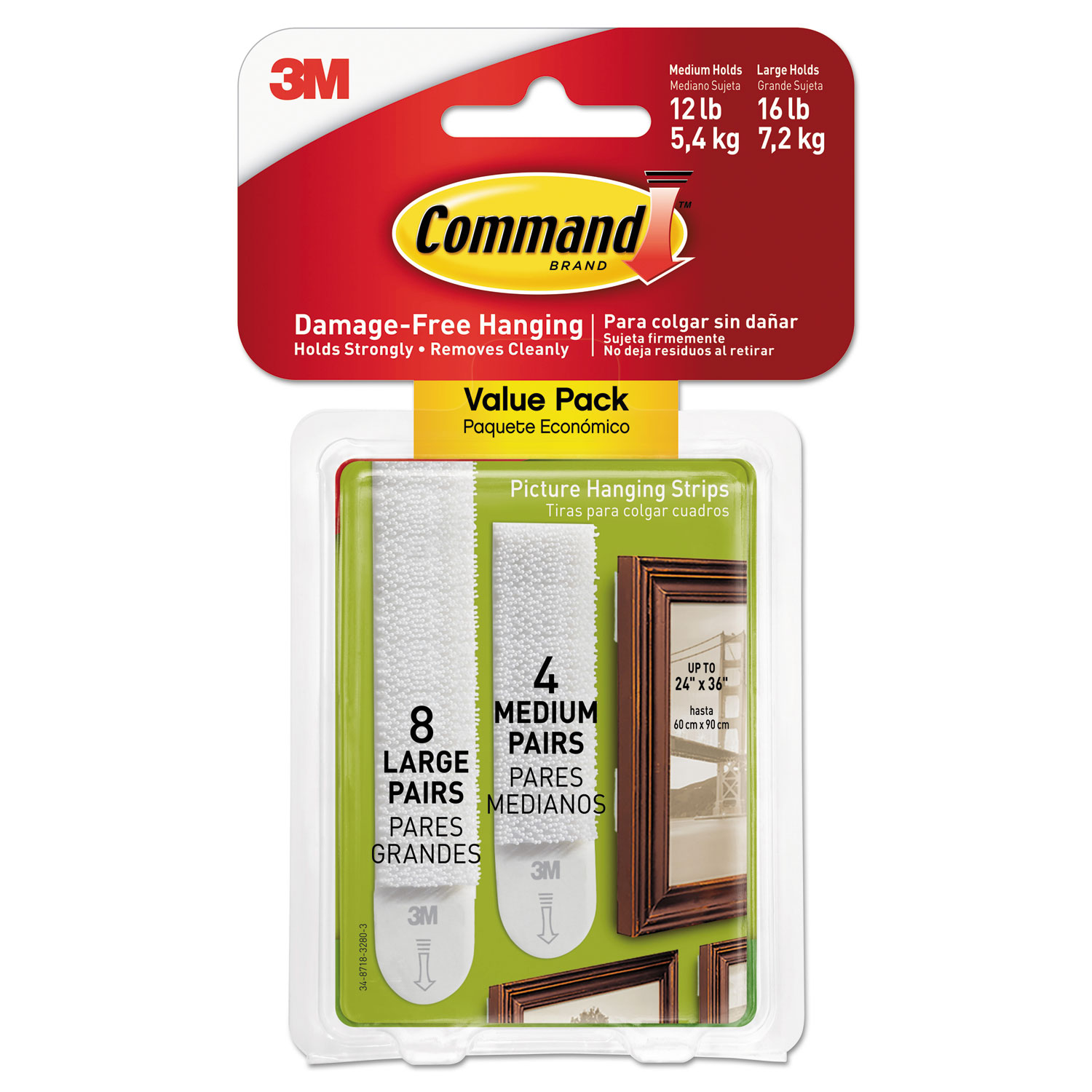  Command 17209ES Picture Hanging Strips, Value Pack, Removable, White, (8) Large 0.63 x 3.63 Pairs, (4) Medium 0.5 x 2.75 Pairs (MMM17209ES) 