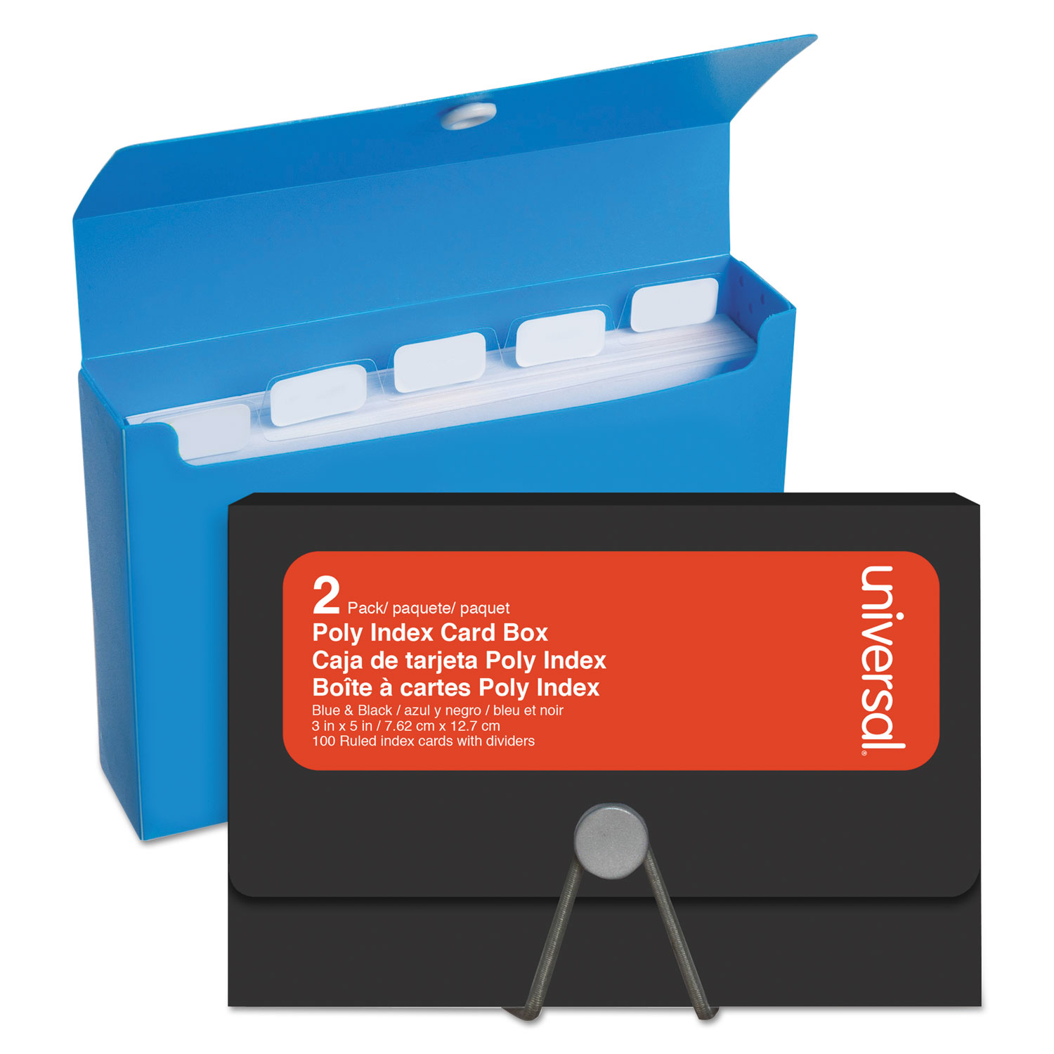  Universal UNV47304 Poly Index Card Box, Plastic, Black/Blue, 3 x 1.33 x 5, 2/Pack (UNV47304) 