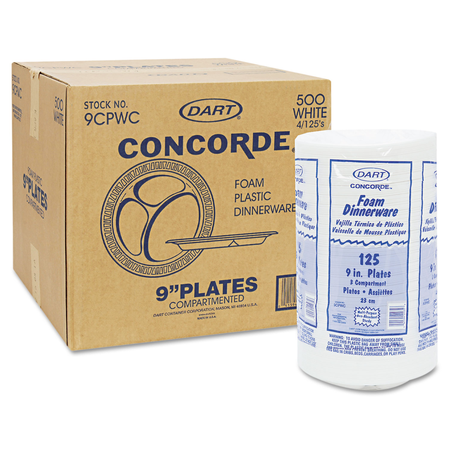Concorde Foam Plate, 3-Comp, 9 dia, White, 125/Pack, 4 Packs/Carton