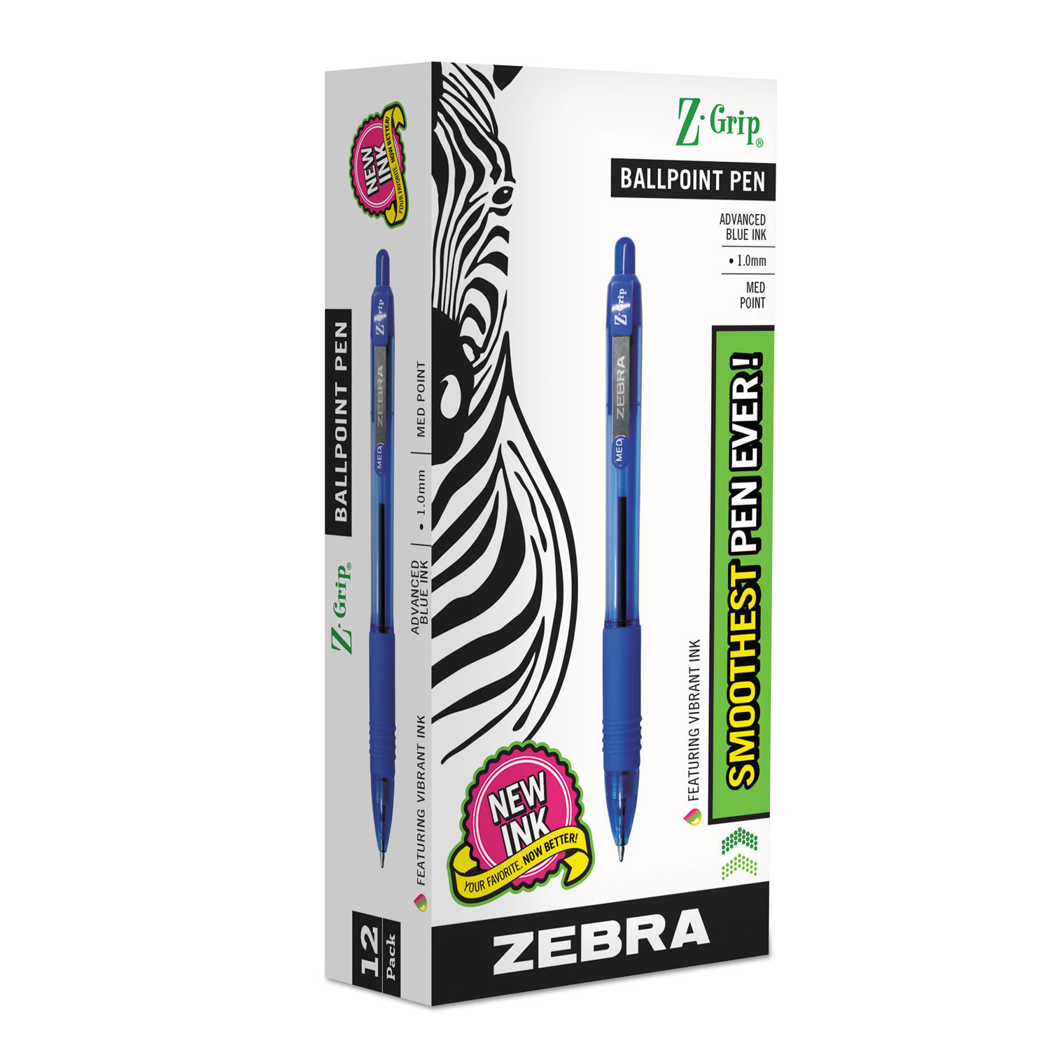  Zebra 22220 Z-Grip Retractable Ballpoint Pen, Medium 1mm, Blue Ink, Clear Barrel, Dozen (ZEB22220) 