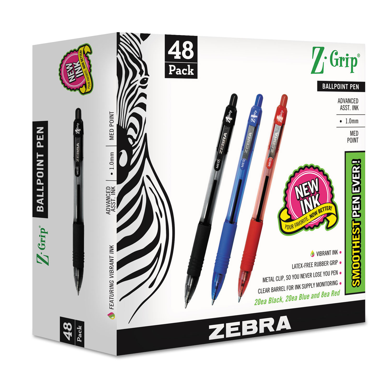  Zebra 22048 Z-Grip Retractable Ballpoint Pen, Medium 1mm, Assorted Ink/Barrel, 48/Pack (ZEB22048) 