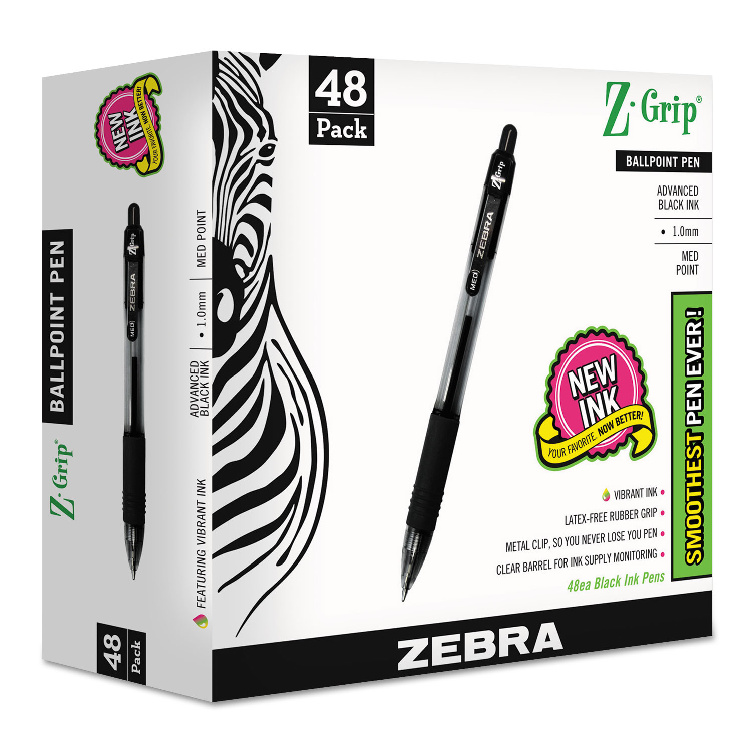  Zebra 22148 Z-Grip Retractable Ballpoint Pen, Medium 1mm, Black Ink/Barrel, 48/Pack (ZEB22148) 