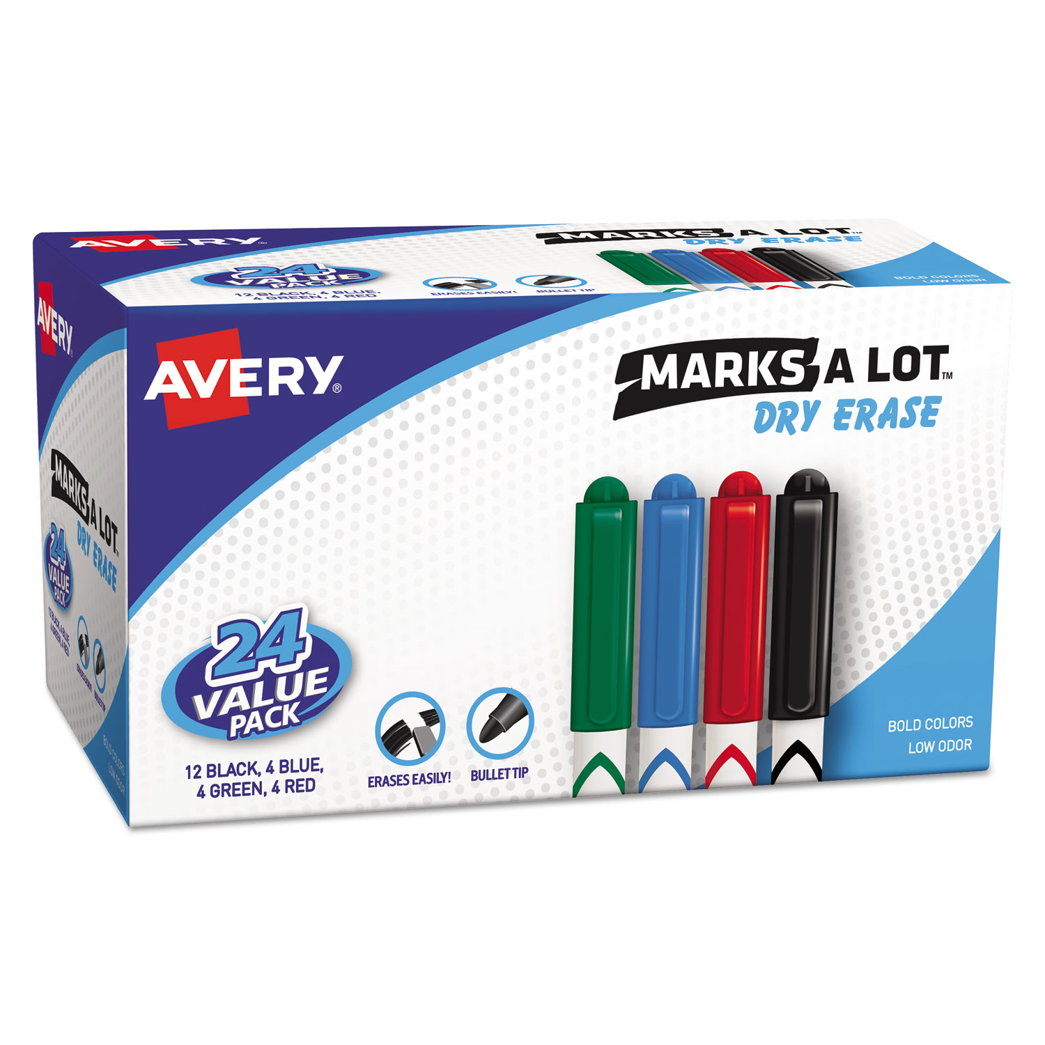  Avery 29860 MARKS A LOT Pen-Style Dry Erase Marker Value Pack, Medium Chisel Tip, Assorted Colors, 24/Set (AVE29860) 