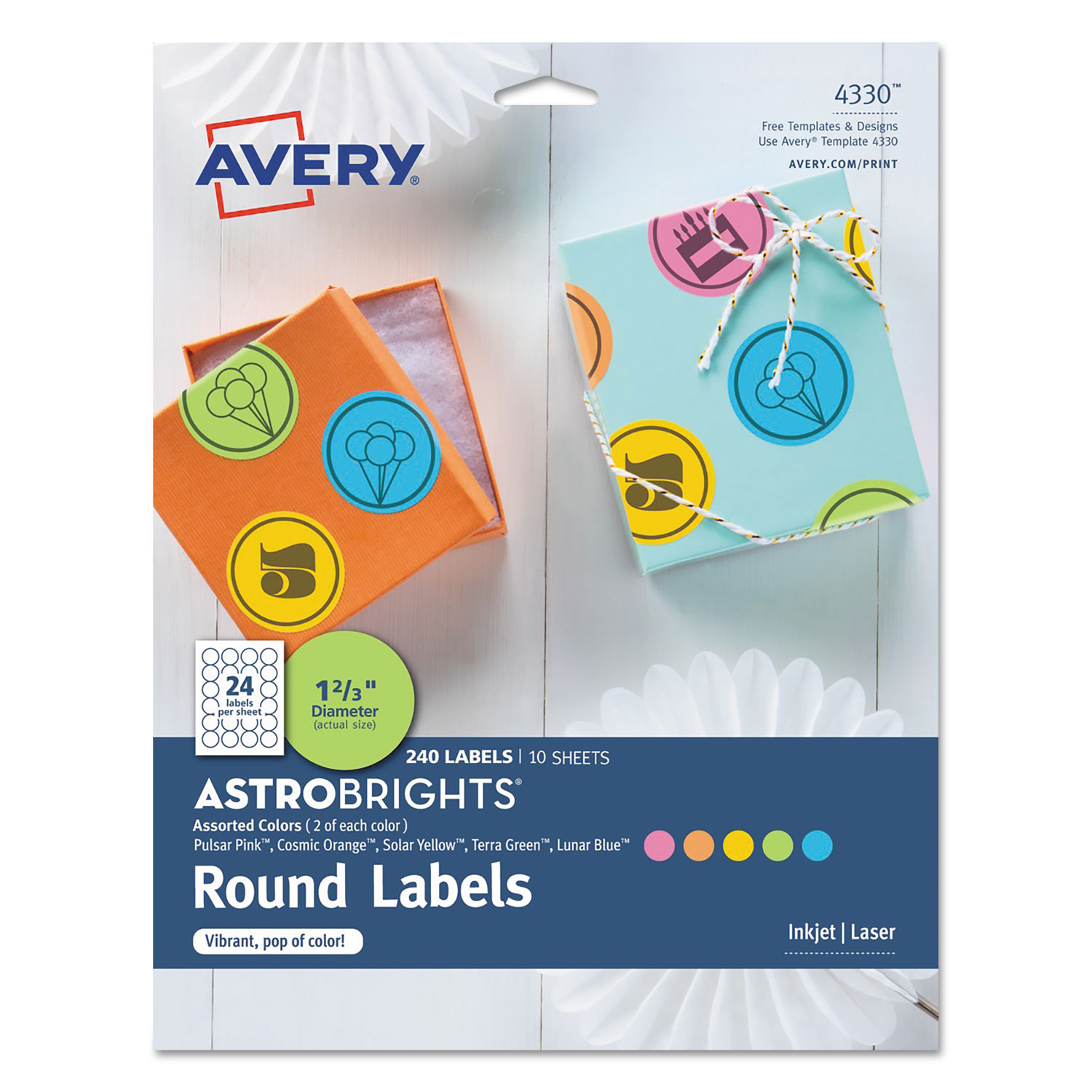  Avery 04330 Color Easy Peel Labels, 1.66 dia., Assorted Colors, 24/Sheet, 10 Sheets/Pack (AVE4330) 