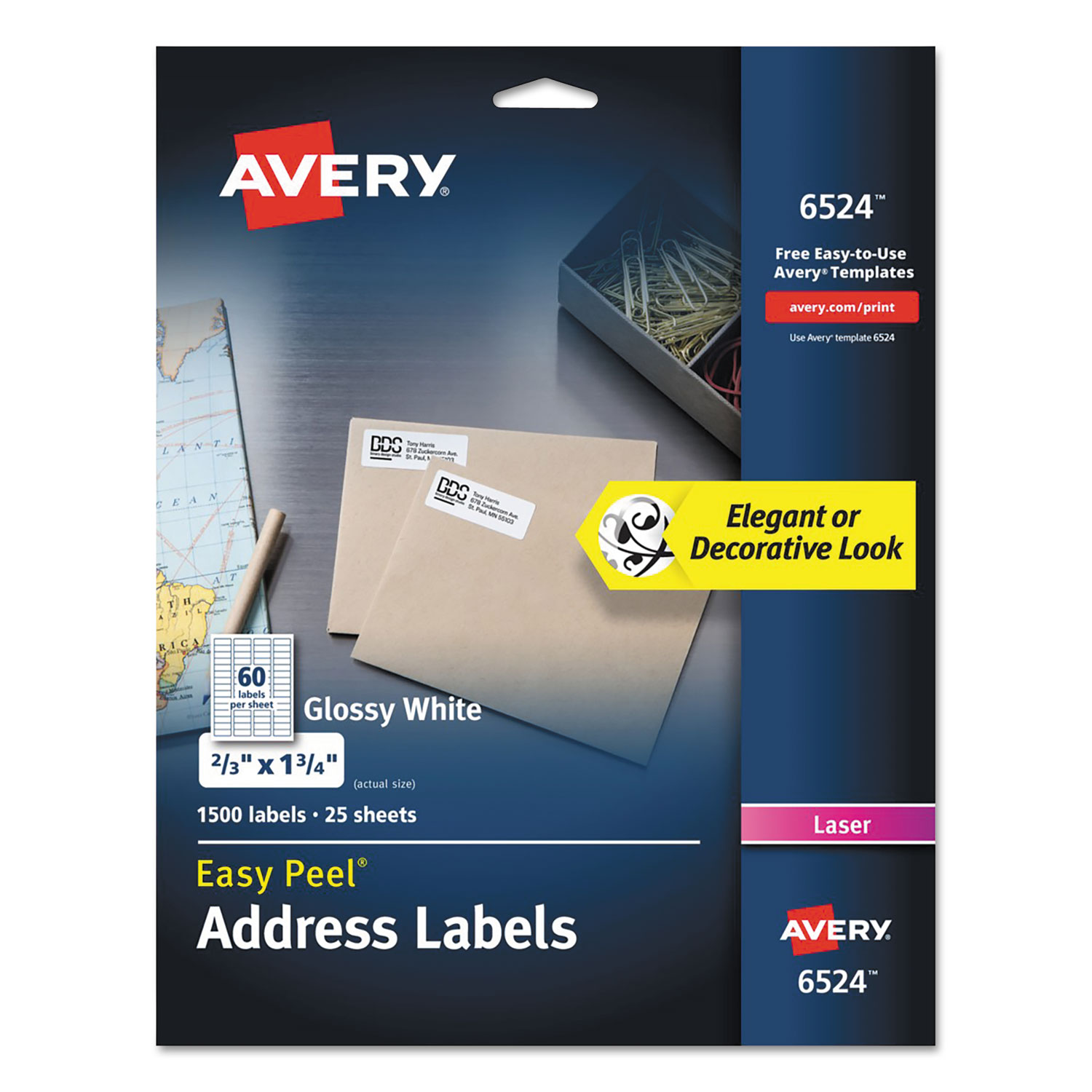 Avery 06524 Glossy White Easy Peel Mailing Labels w/ Sure Feed Technology, Laser Printers, 0.66 x 1.75, White, 60/Sheet, 25 Sheets/Pack (AVE6524) 