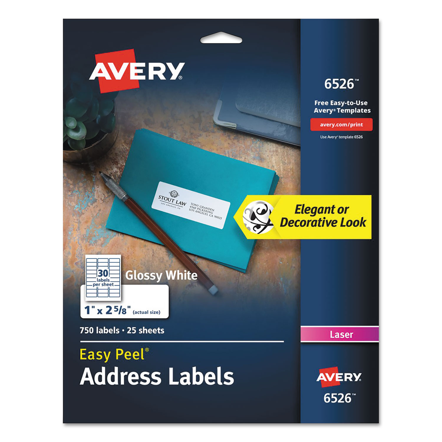  Avery 06526 Glossy White Easy Peel Mailing Labels w/ Sure Feed Technology, Laser Printers, 1 x 2.63, White, 30/Sheet, 25 Sheets/Pack (AVE6526) 