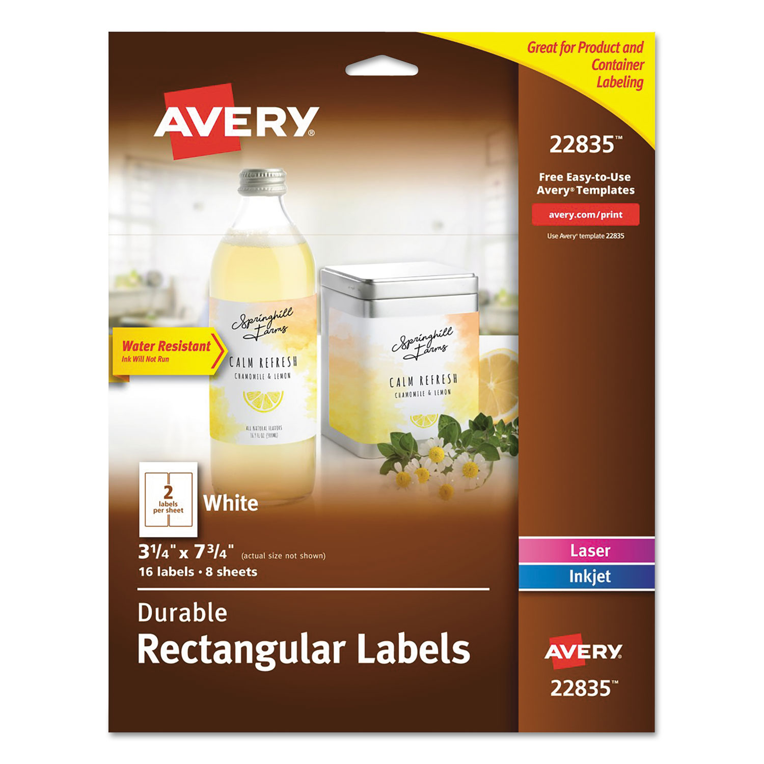  Avery 22835 Durable Water-Resistant Wraparound Labels w/ Sure Feed, 3 1/4 x 7 3/4, 16/PK (AVE22835) 