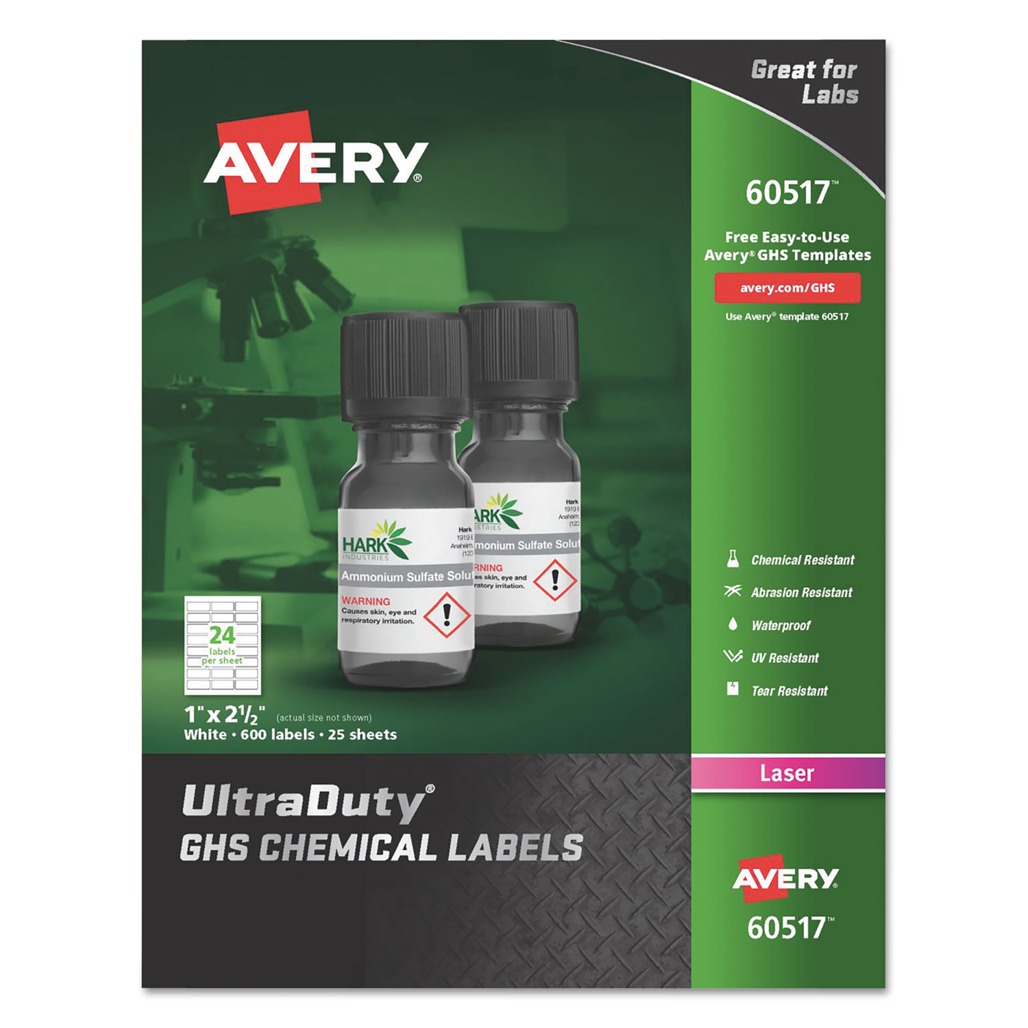  Avery 60517 UltraDuty GHS Chemical Waterproof and UV Resistant Labels, 1 x 2.5, White, 24/Sheet, 25 Sheets/Pack (AVE60517) 