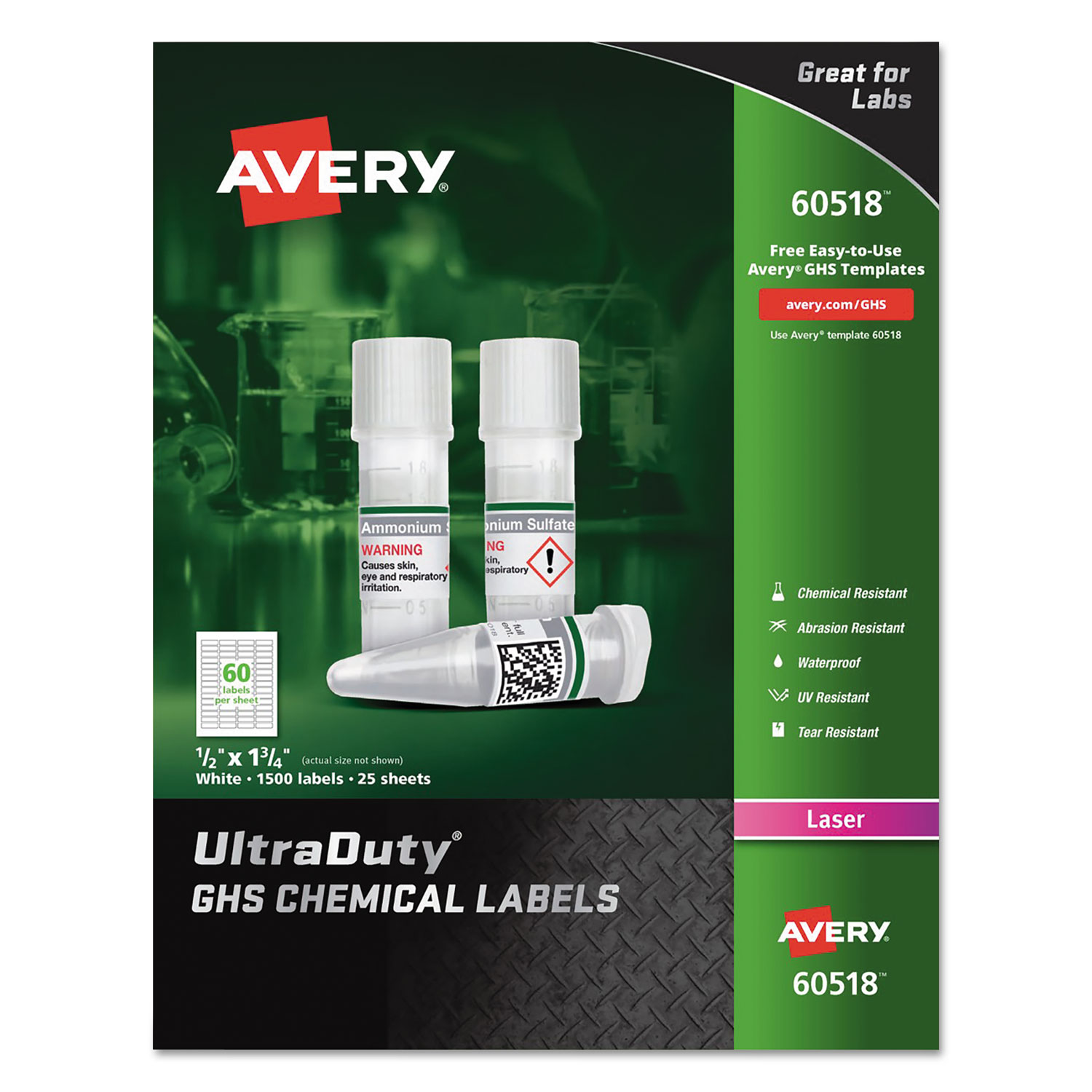  Avery 60518 UltraDuty GHS Chemical Waterproof and UV Resistant Labels, 0.5 x 1.75, White, 60/Sheet, 25 Sheets/Pack (AVE60518) 
