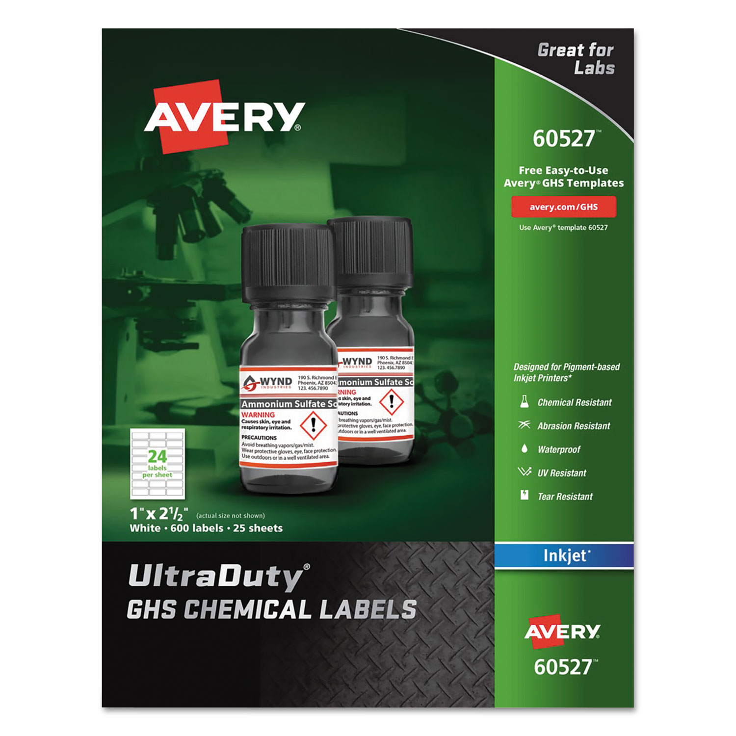  Avery 60527 UltraDuty GHS Chemical Waterproof and UV Resistant Labels, 1 x 2.5, White, 24/Sheet, 25 Sheets/Pack (AVE60527) 