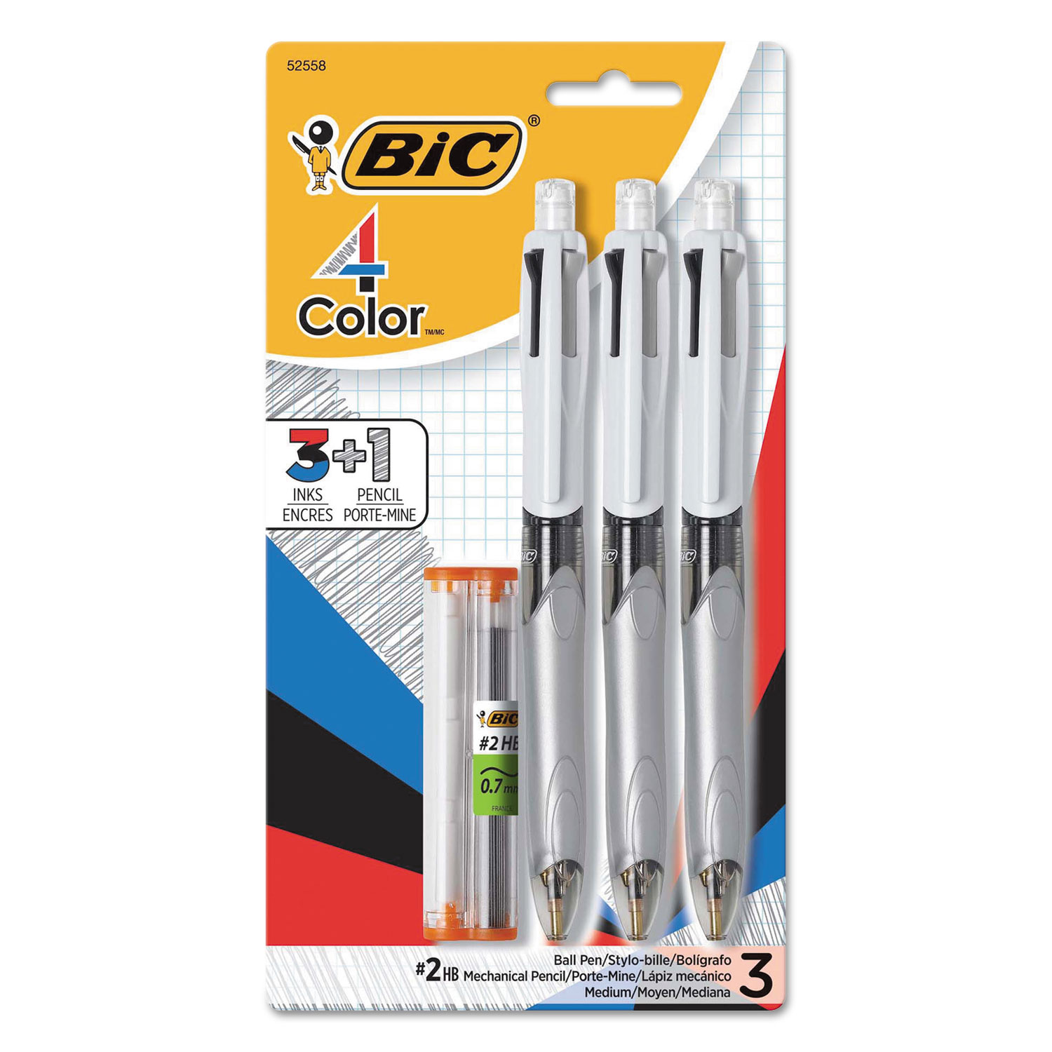 3 + 1 Retractable Ballpoint Pen/Pencil, Black/Blue/Red Ink, Gray Barrel, 3/Pack
