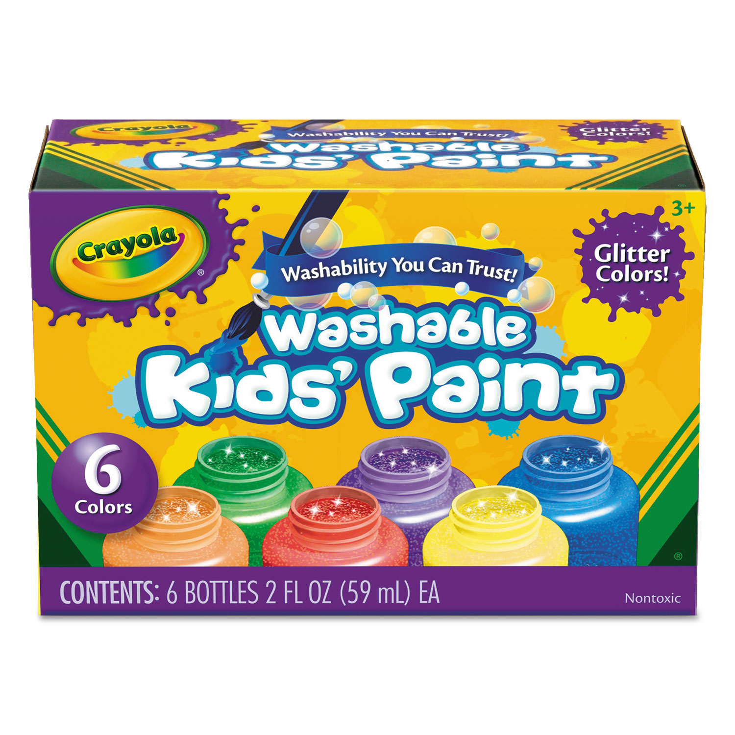  Crayola 542400 Washable Paint, 6 Colors, Blue/Green/Orange/Purple/Red/Yellow, 2 oz (CYO542400) 
