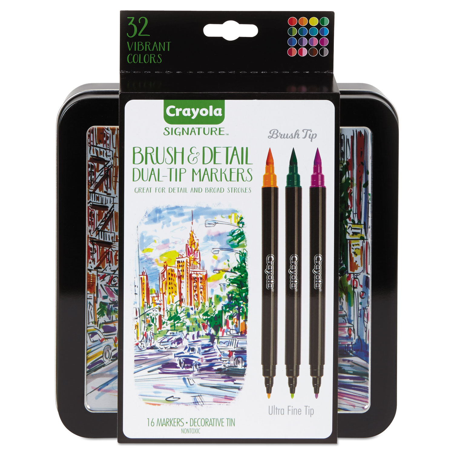  Crayola 586501 Brush & Detail Dual Ended Markers, Extra-Fine Brush/Bullet Tip, Assorted Colors, 16/Set (CYO586501) 