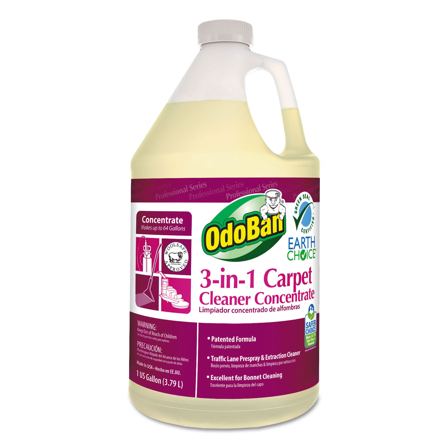 Earth Choice 3-N-1 Carpet Cleaner, 128 oz Bottle, Unscented, 4/CT
