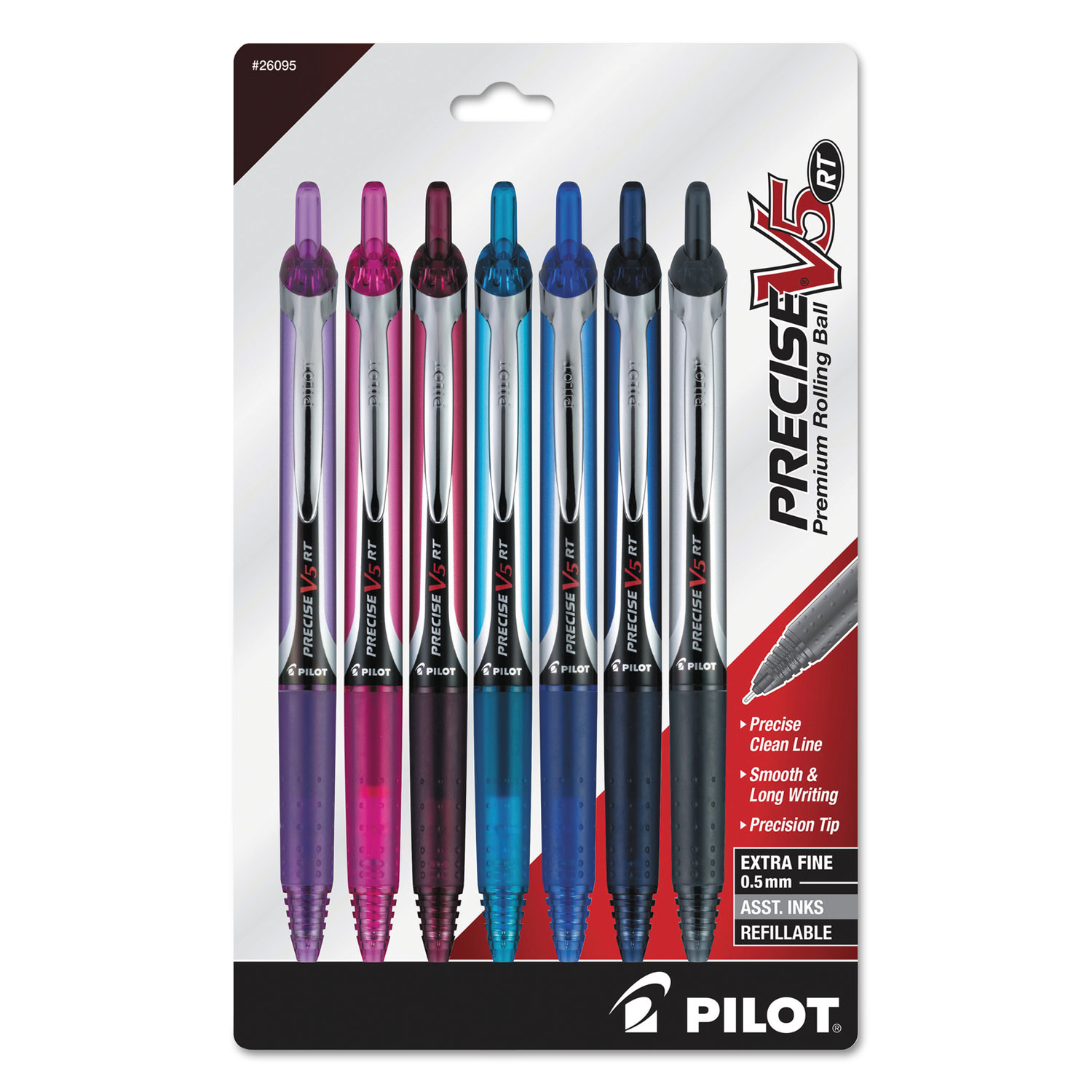  Pilot 26095 Precise V5RT Retractable Roller Ball Pen, 0.5mm, Assorted Ink/Barrel, 7/Pack (PIL26095) 