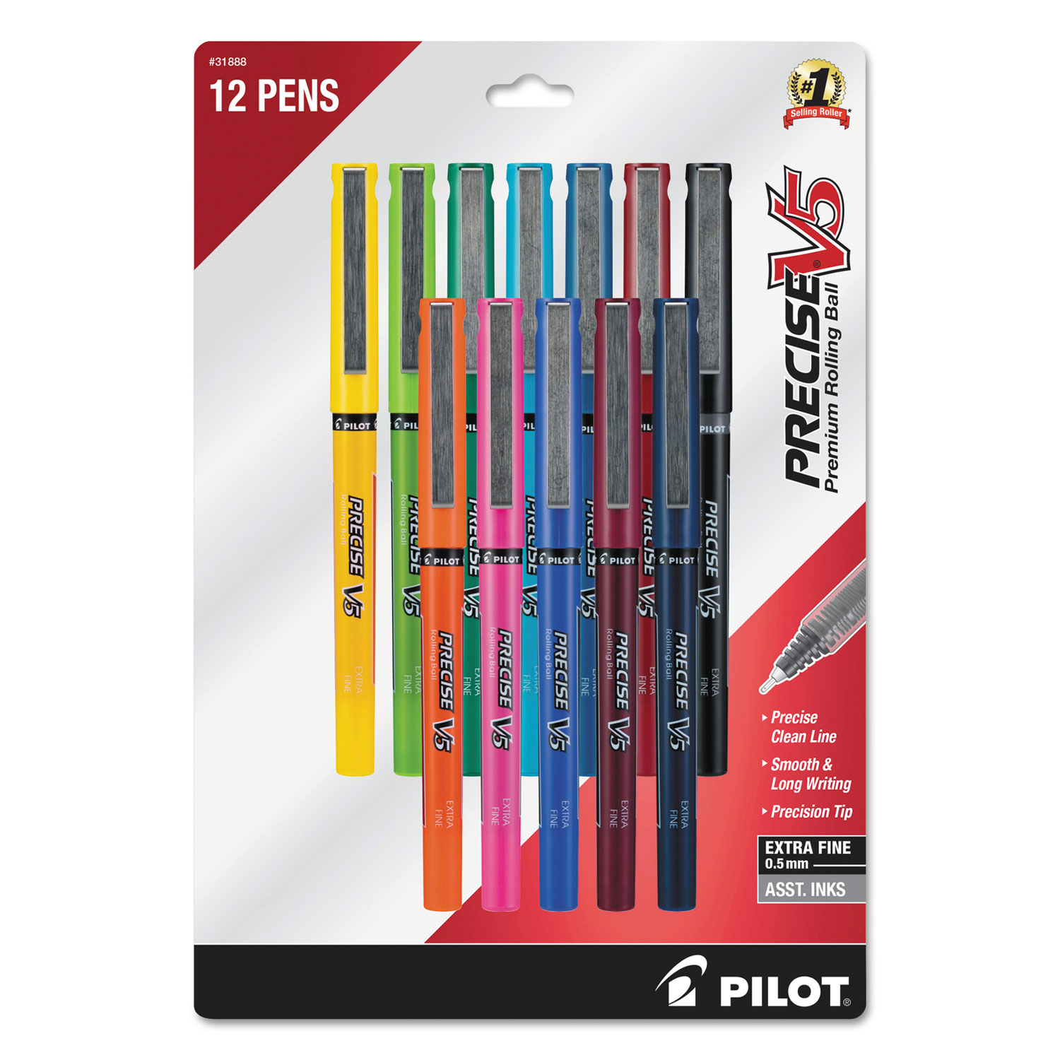 Pilot 31888 Precise V5 Stick Roller Ball Pen, Fine 0.5mm, Assorted Ink/Barrel, Dozen (PIL31888) 