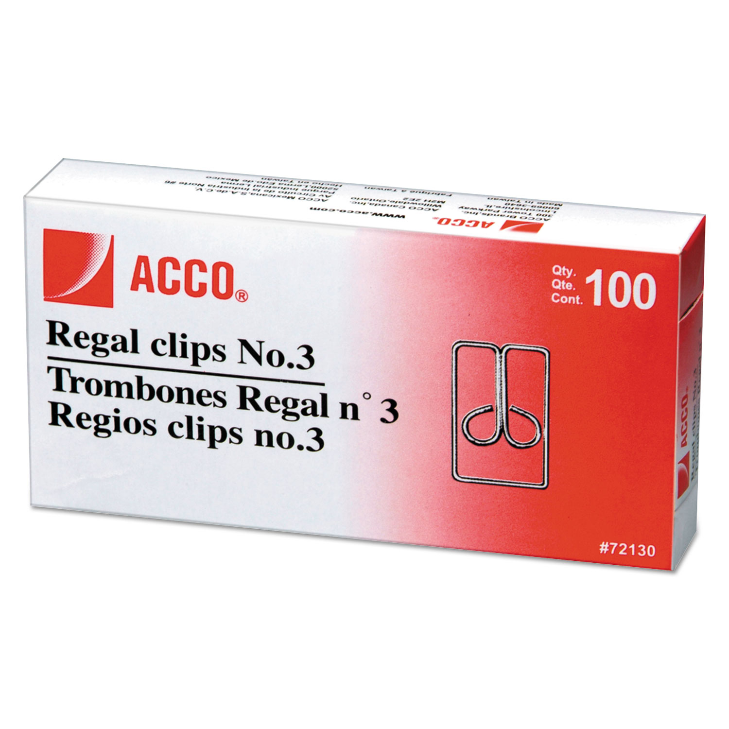  ACCO A7072130C Regal Clips, Medium (No. 3), Silver, 100/Box (ACC72130) 