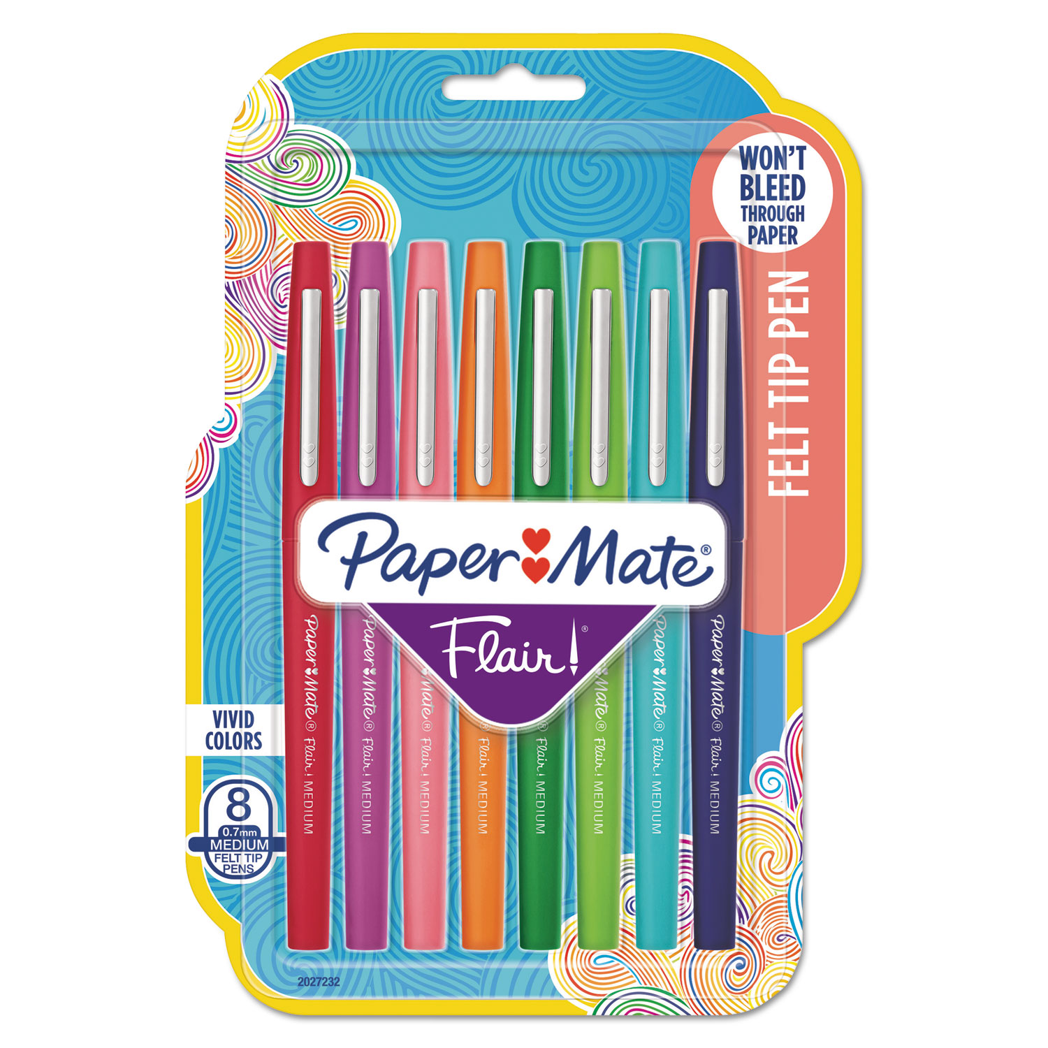  Paper Mate 2027232 Flair Felt Tip Stick Porous Point Marker Pen, 0.7mm, Assorted Ink/Barrel, 8/Pack (PAP2027232) 