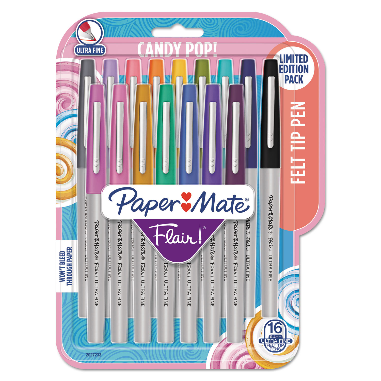  Paper Mate 2027233 Flair Felt Tip Stick Marker Pen, 0.4mm, Assorted Ink, Gray Barrel, 16/Pack (PAP2027233) 