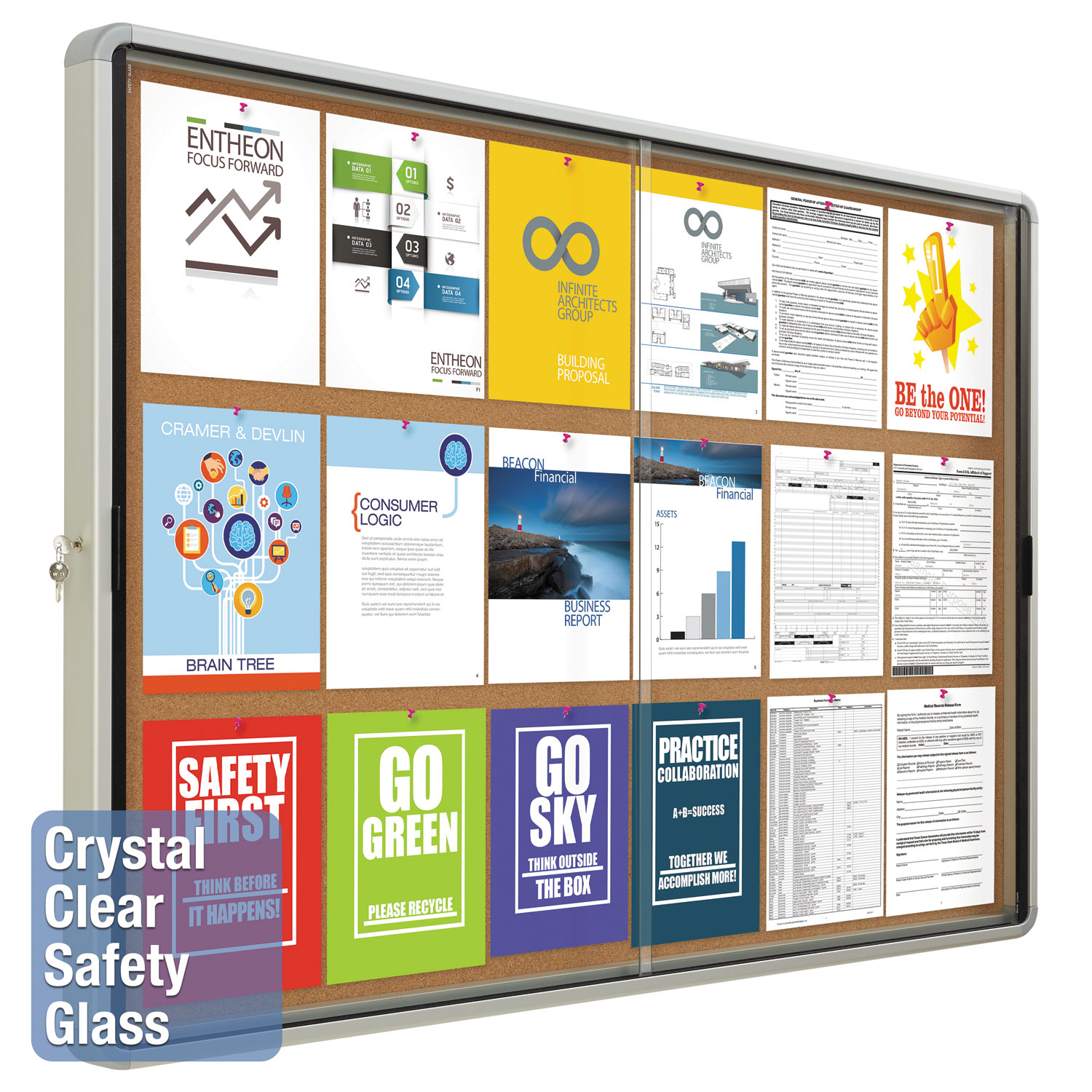 Enclosed Indoor Cork Bulletin Board W Sliding Glass Doors 56 X 39 Silver Frame 3d Office