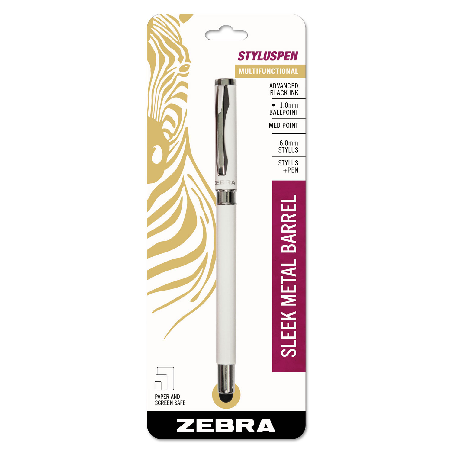  Zebra 33201 StylusPen Capped Ballpoint Pen/Stylus, White (ZEB33201) 