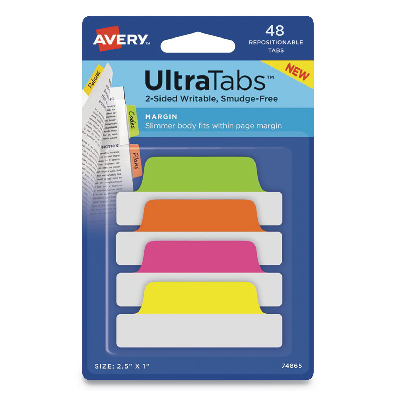 Ultra Tabs Repositionable Margin Tabs, 1/5-Cut Tabs, Assorted Neon, 2.5" Wide, 48/Pack