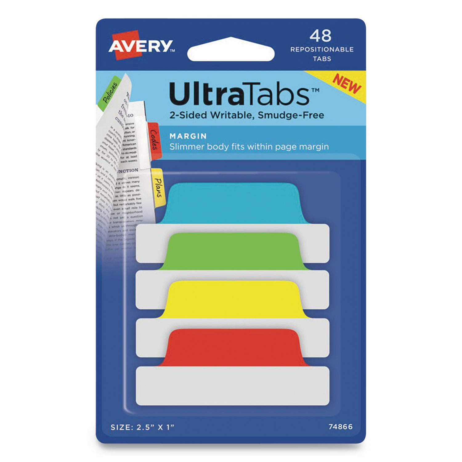  Avery 74866 Ultra Tabs Repositionable Margin Tabs, 1/5-Cut Tabs, Assorted Primary Colors, 2.5 Wide, 48/Pack (AVE74866) 
