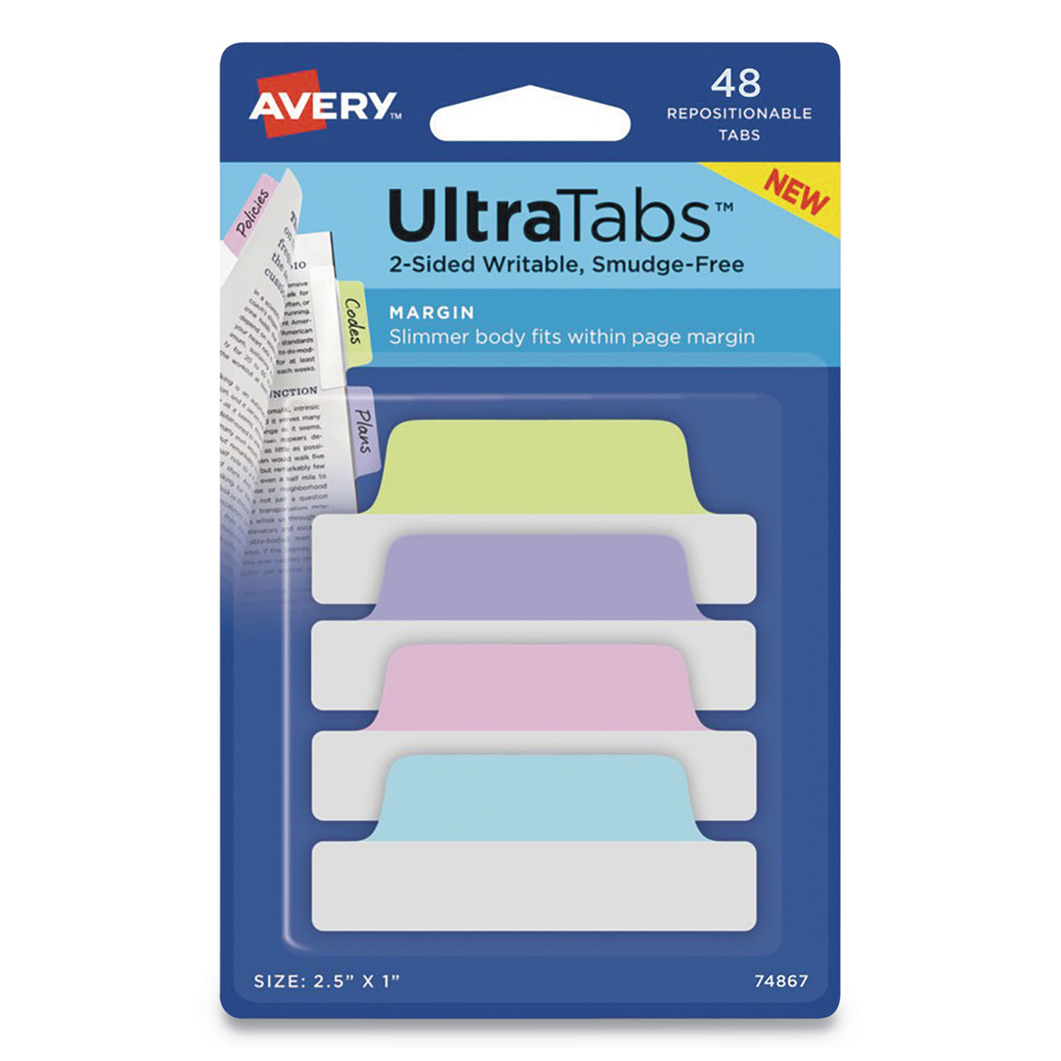  Avery 74867 Ultra Tabs Repositionable Margin Tabs, 1/5-Cut Tabs, Assorted Pastels, 2.5 Wide, 48/Pack (AVE74867) 