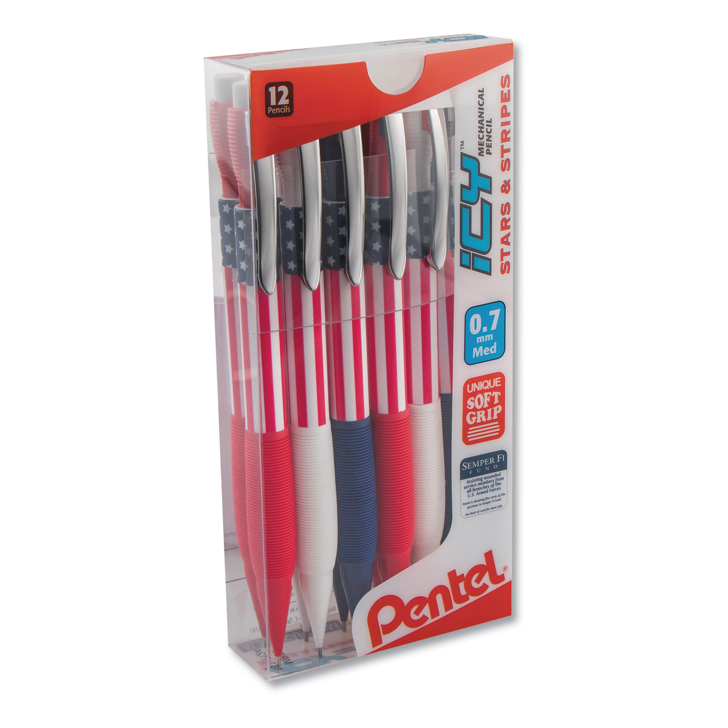  Pentel AL27USAPC12M Icy Mechanical Pencil, 0.7 mm, HB (#2.5), Black Lead, Blue/Red/White Barrel, Dozen (PENAL27USAPC12M) 
