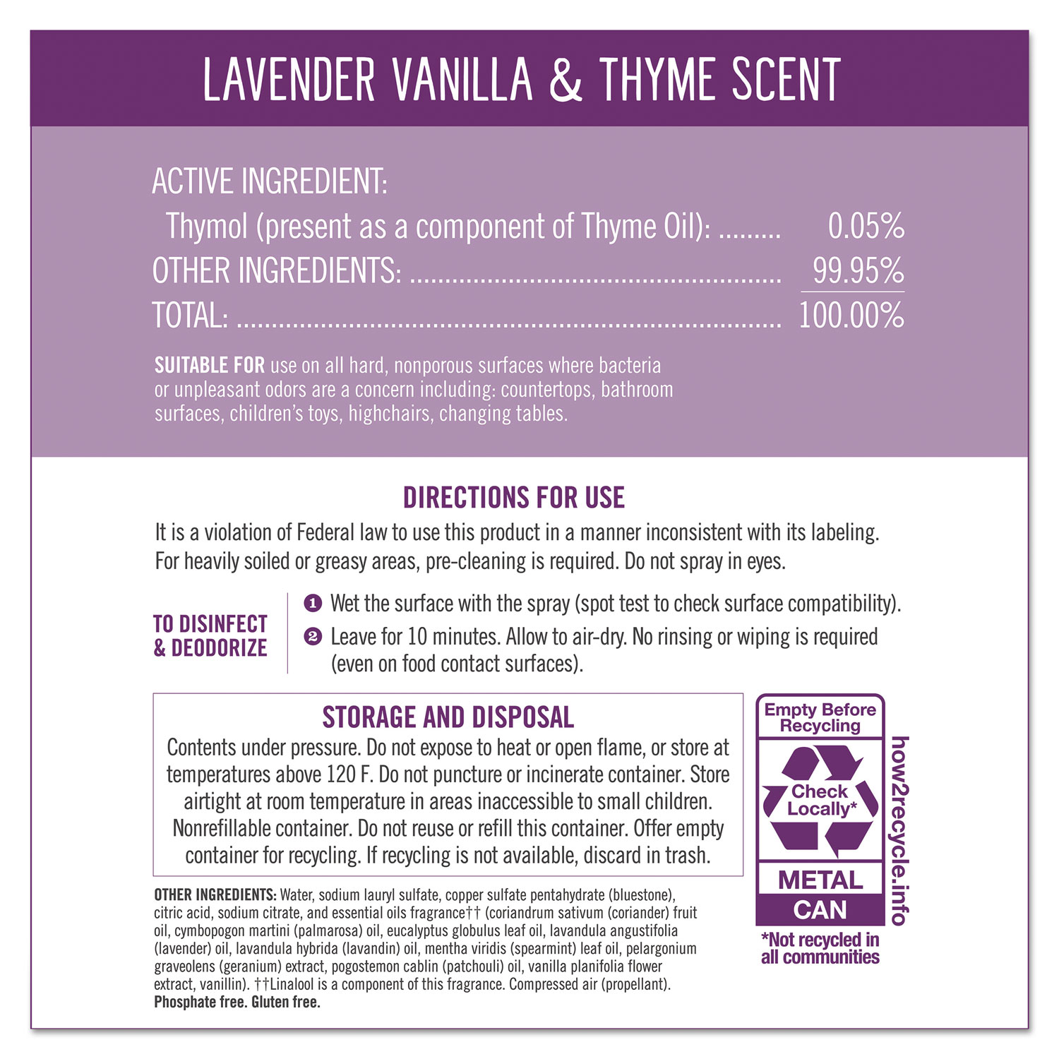 Disinfectant Aerosol Sprays, Lavender Vanilla/Thyme, 13.9 oz, Spray Bottle