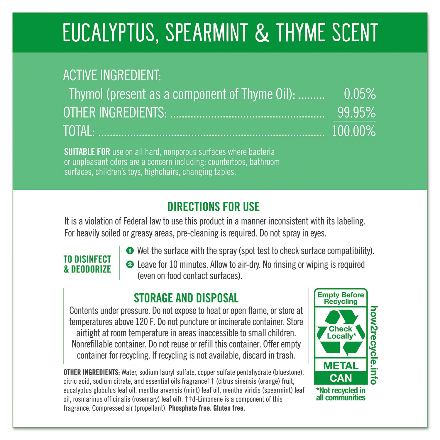 Disinfectant Aerosol Sprays, Eucalyptus/Spearmint/Thyme, 13.9 oz, Spray Bottle