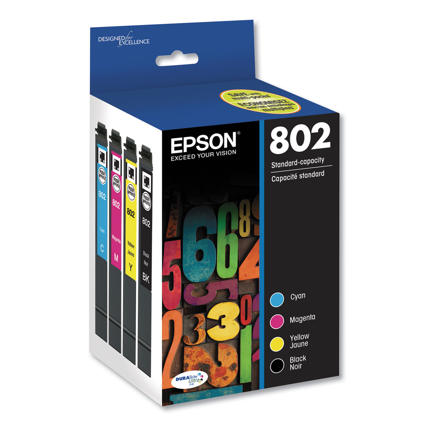  Epson T802120BCS T802120BCS (802) DURABrite Ultra Ink, Black/Cyan/Magenta/Yellow (EPST802120BCS) 