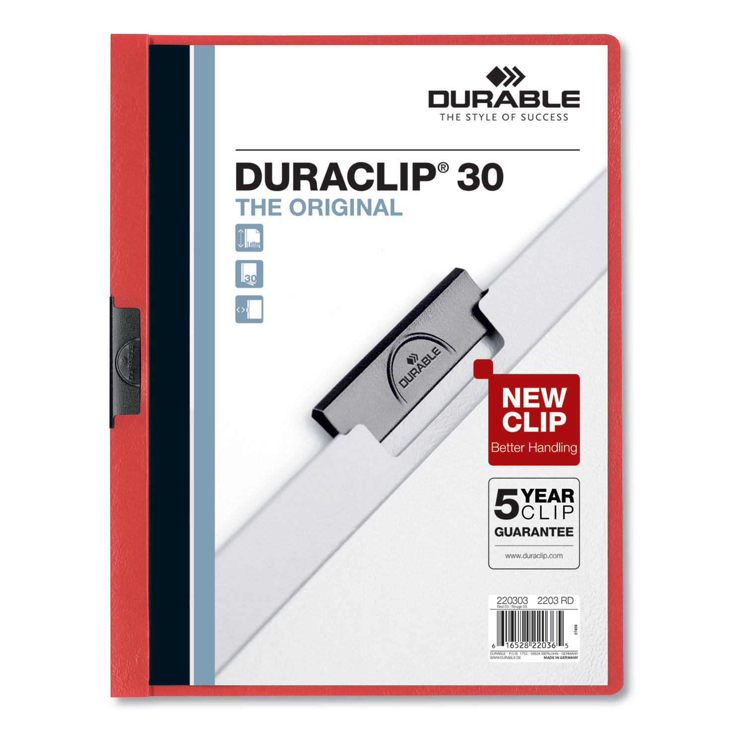  Durable 220303 Vinyl DuraClip Report Cover w/Clip, Letter, Holds 30 Pages, Clear/Red, 25/Box (DBL220303) 