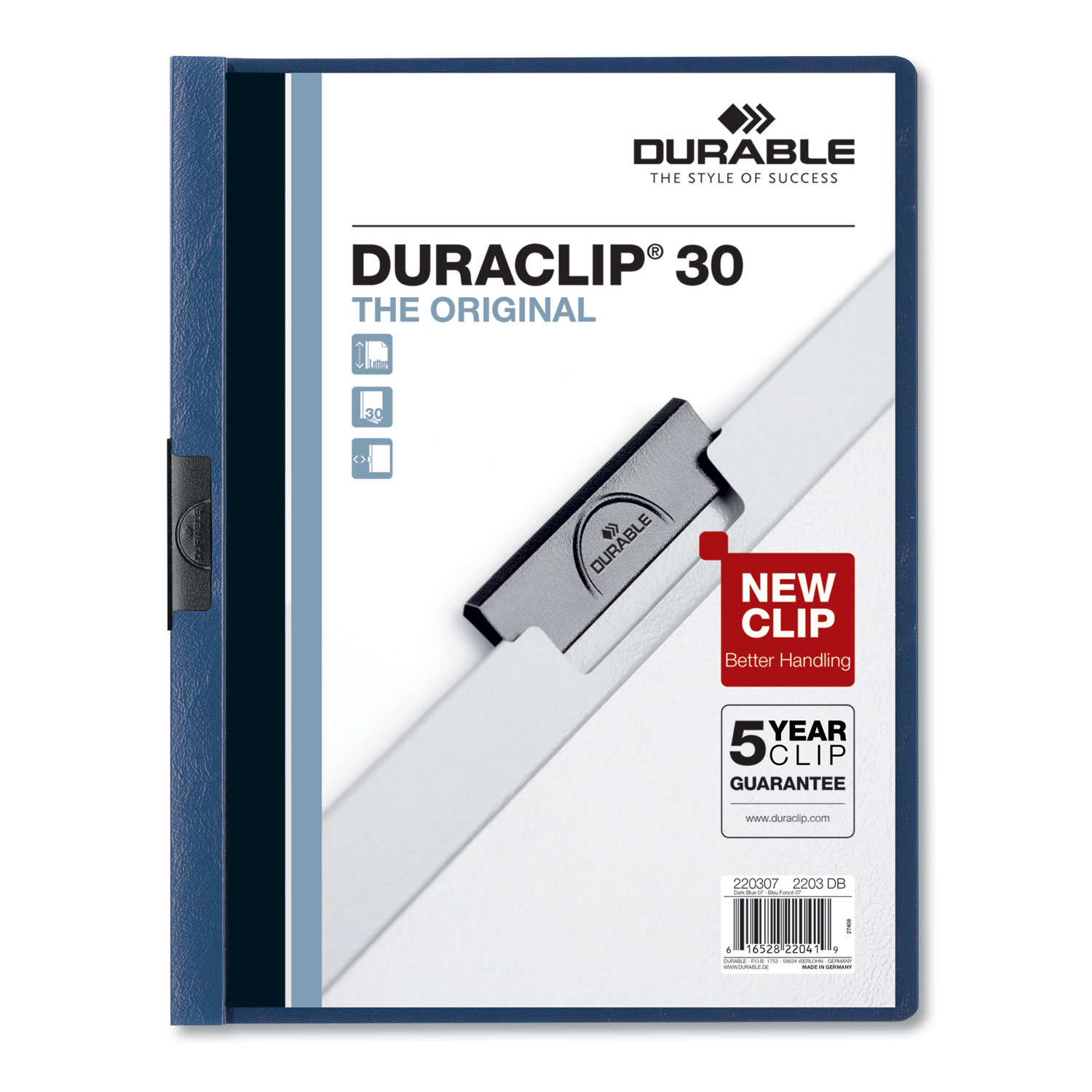  Durable 220307 Vinyl DuraClip Report Cover, Letter, Holds 30 Pages, Clear/Dark Blue, 25/Box (DBL220307) 