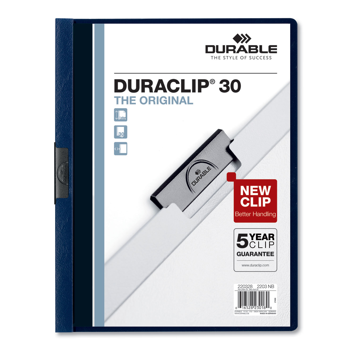  Durable 220328 Vinyl DuraClip Report Cover w/Clip, Letter, Holds 30 Pages, Clear/Navy, 25/Box (DBL220328) 
