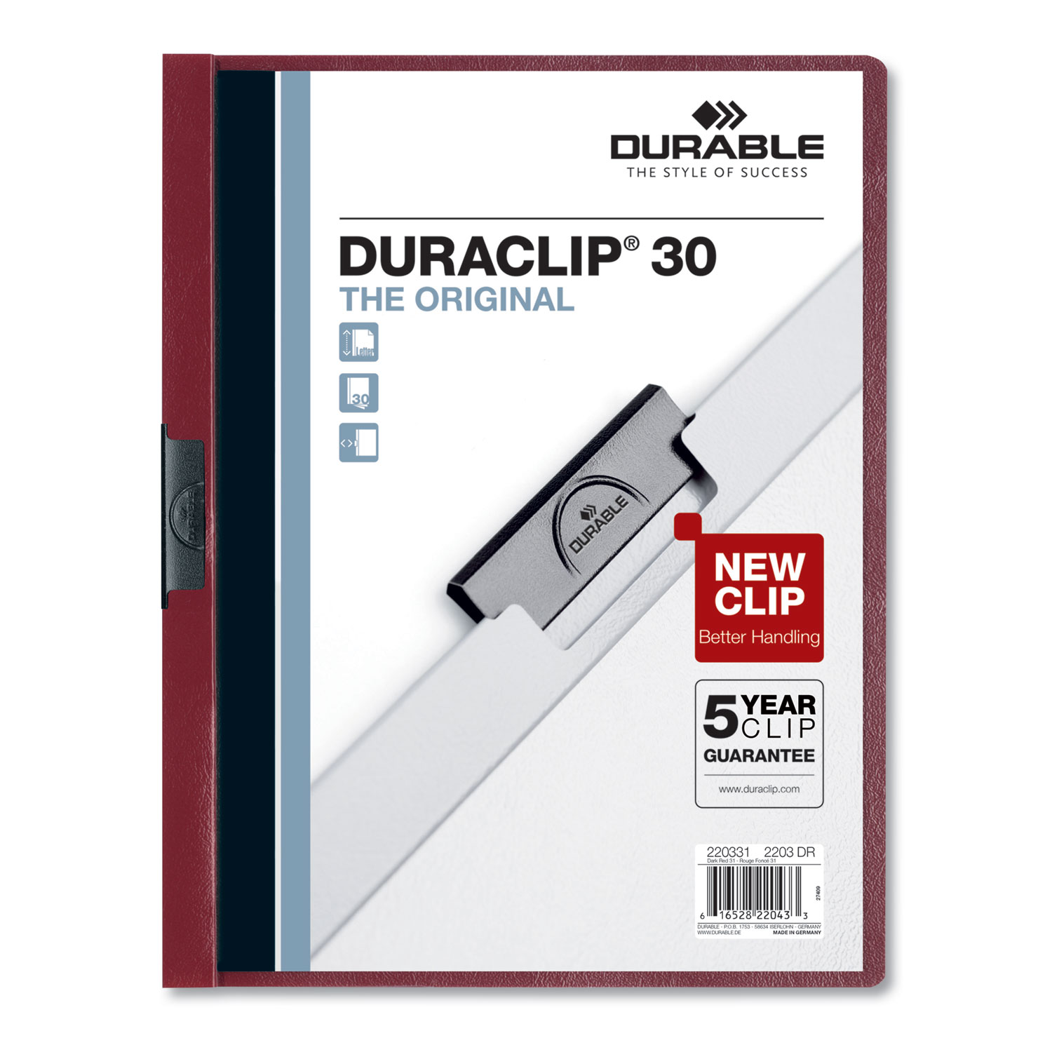  Durable 220331 Vinyl DuraClip Report Cover w/Clip, Letter, Holds 30 Pages, Clear/Maroon, 25/Box (DBL220331) 