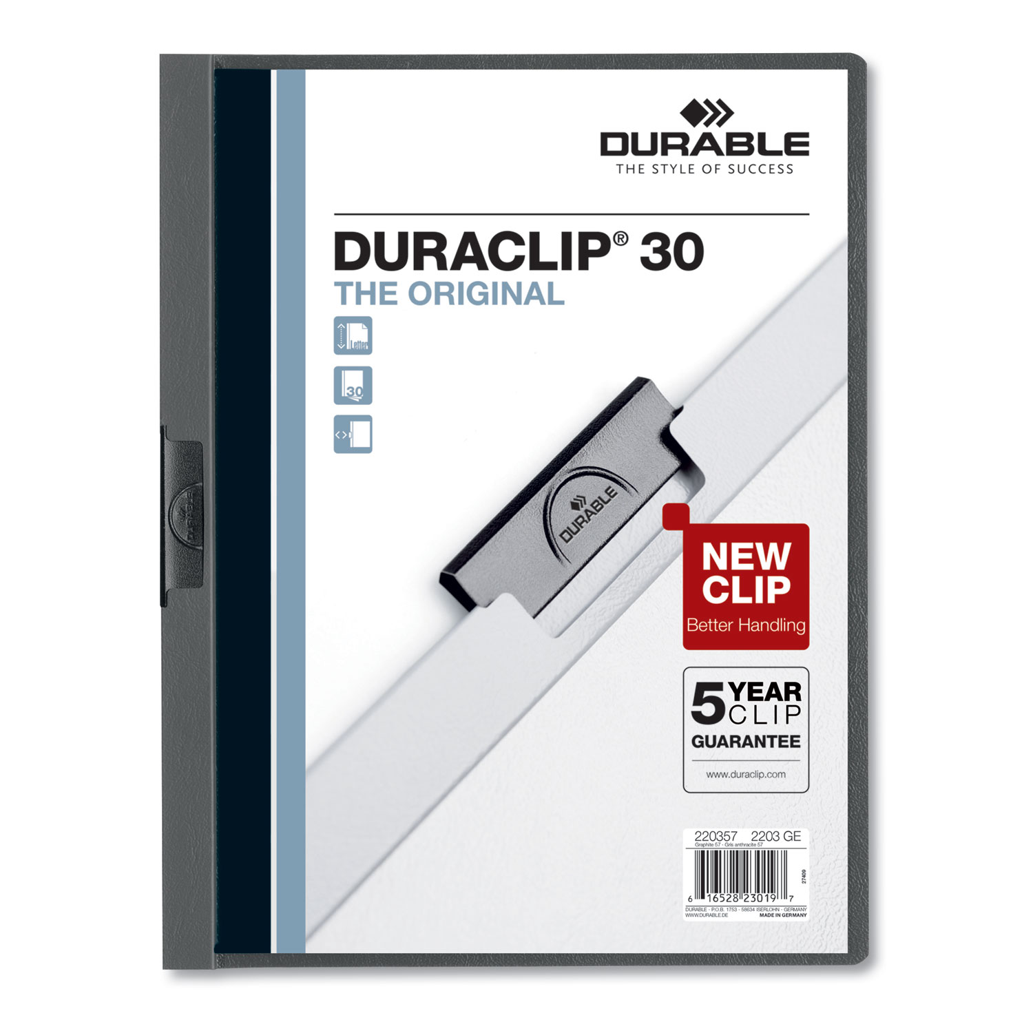  Durable 220357 Vinyl DuraClip Report Cover, Letter, Holds 30 Pages, Clear/Graphite, 25/Box (DBL220357) 