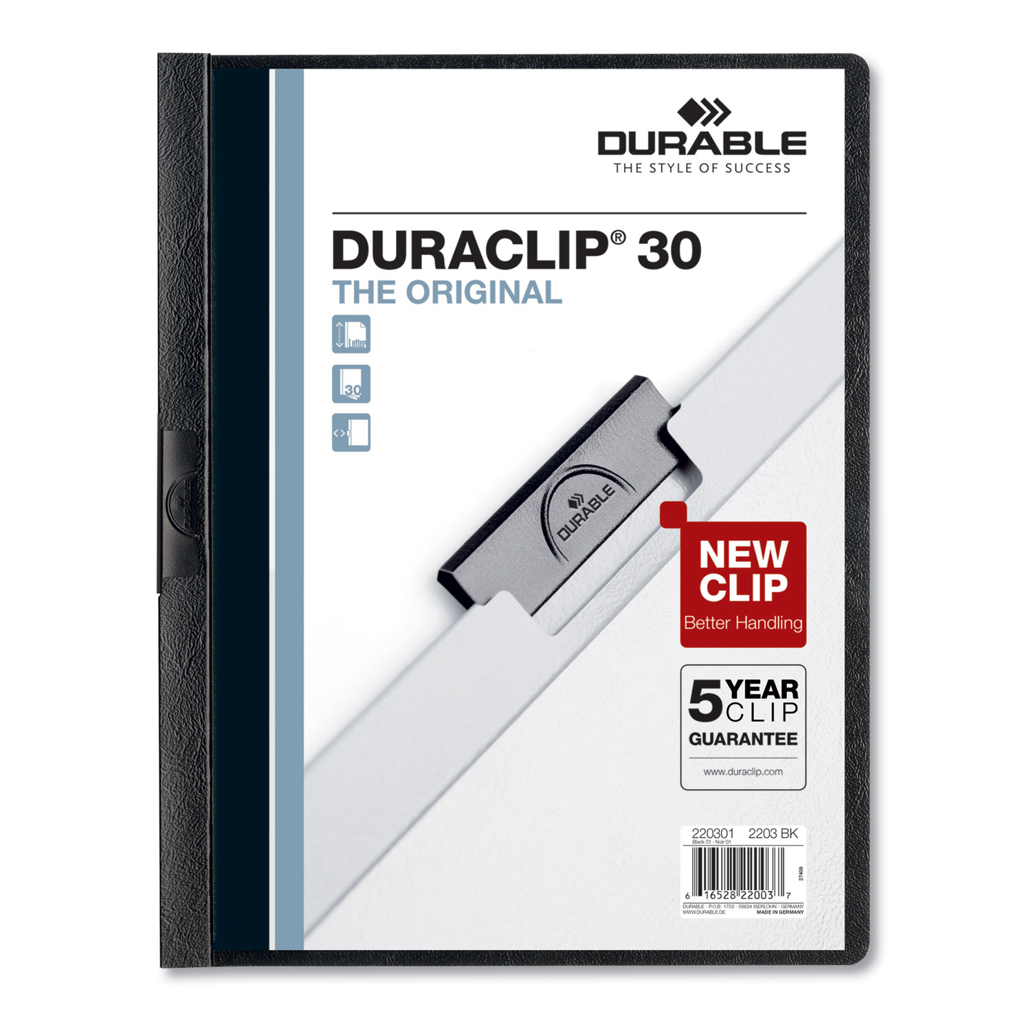  Durable 220301 Vinyl DuraClip Report Cover w/Clip, Letter, Holds 30 Pages, Clear/Black, 25/Box (DBL220301) 
